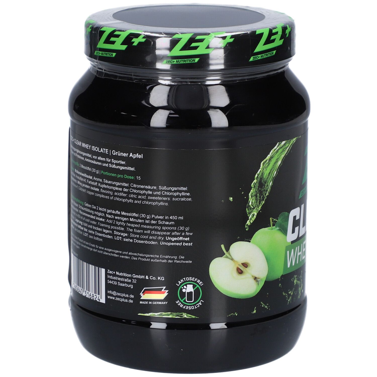 Rückseite des schwarzen Proteinpulver-Behälters. Textliche Informationen und Zutatenliste. Abbildung von Äpfeln und Blättern.
