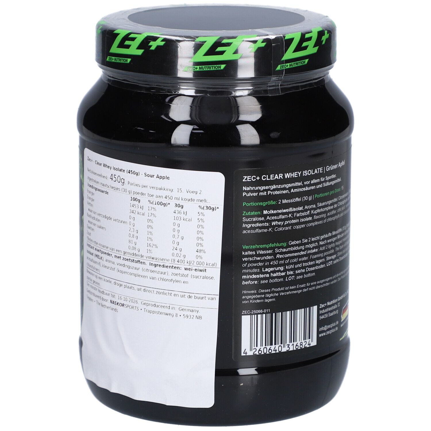 Rückseite des schwarzen Proteinpulver-Behälters. Textliche Informationen und Nährwertangaben. Abbildung von Äpfeln.