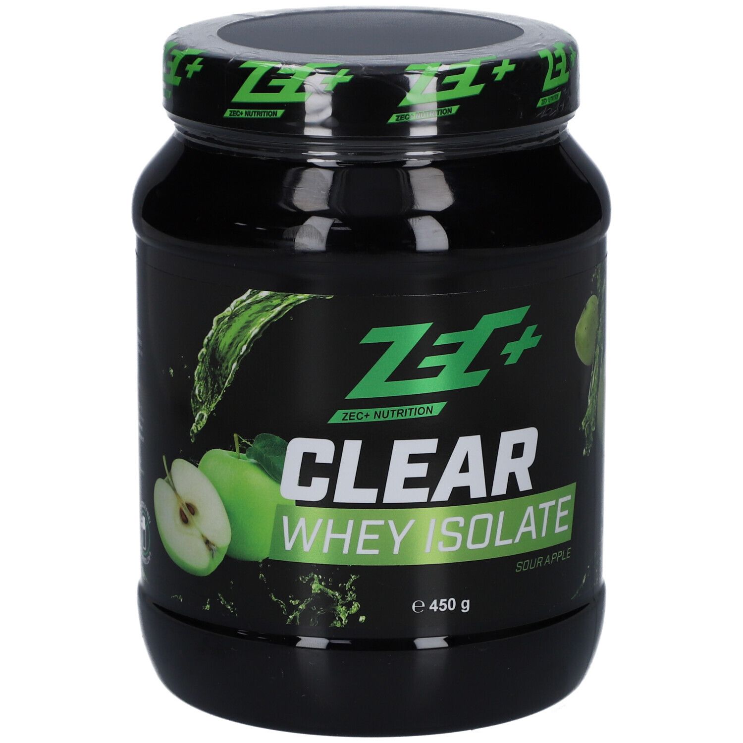 Schwarzer Proteinpulver-Behälter mit grünem Deckel. Aufschrift: ZEC+ CLEAR WHEY ISOLATE Saurer Apfel. Abbildung von Äpfeln.