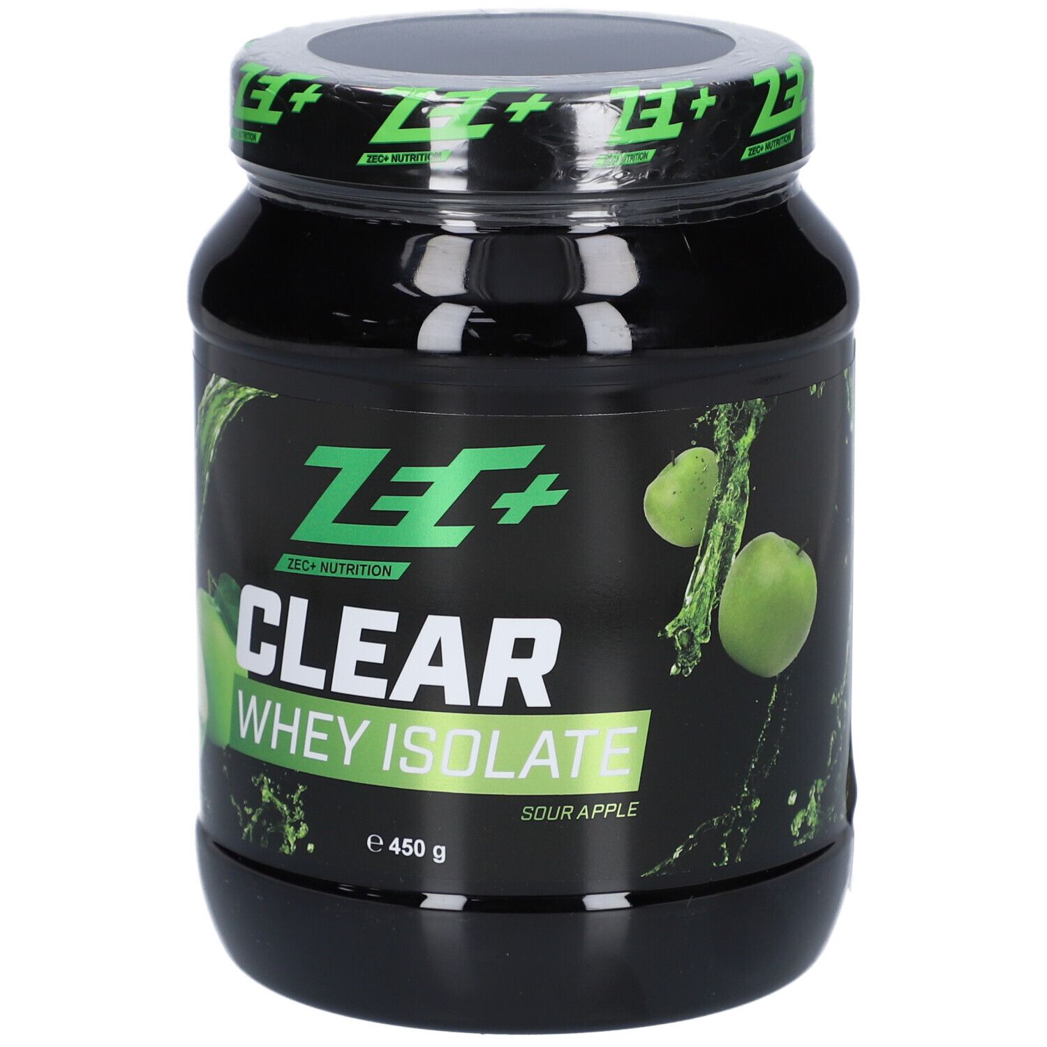 Schwarzer Proteinpulver-Behälter mit grünem Deckel. Aufschrift: ZEC+ CLEAR WHEY ISOLATE Saurer Apfel. Abbildung von Äpfeln.