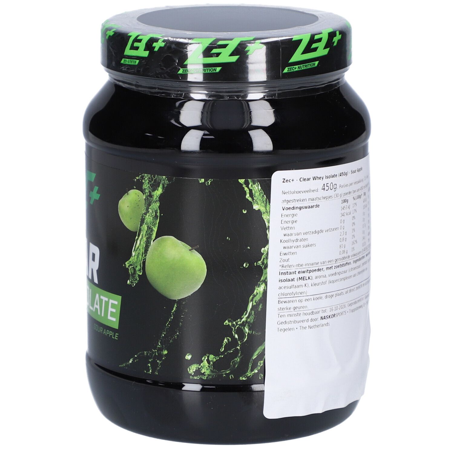 Rückseite des schwarzen Proteinpulver-Behälters. Textliche Informationen und Nährwertangaben. Abbildung von Äpfeln.