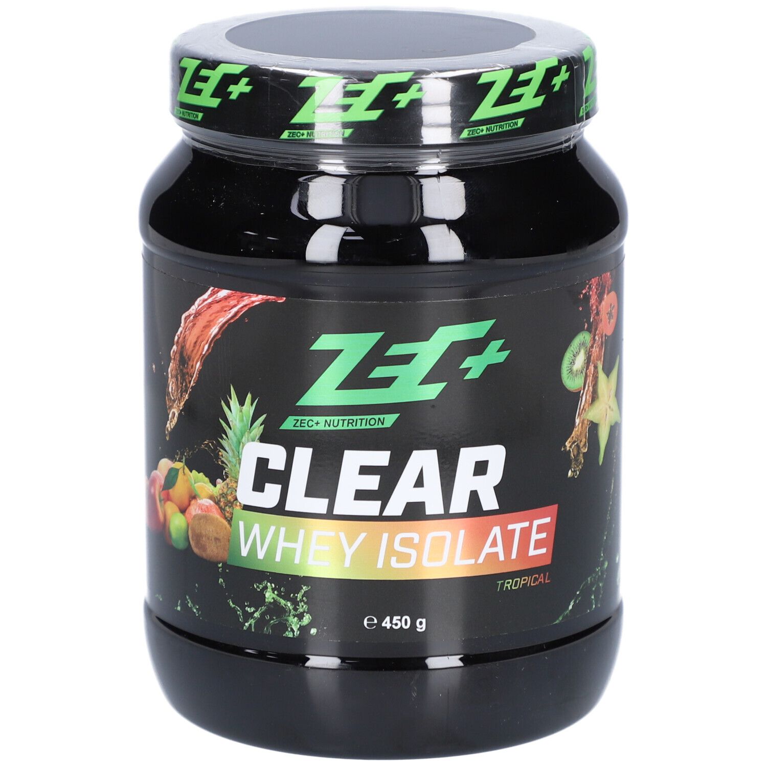 Pot noir ZEC+ CLEAR WHEY ISOLATE. Inscription: Tropical, 450 g. Illustration de fruits.