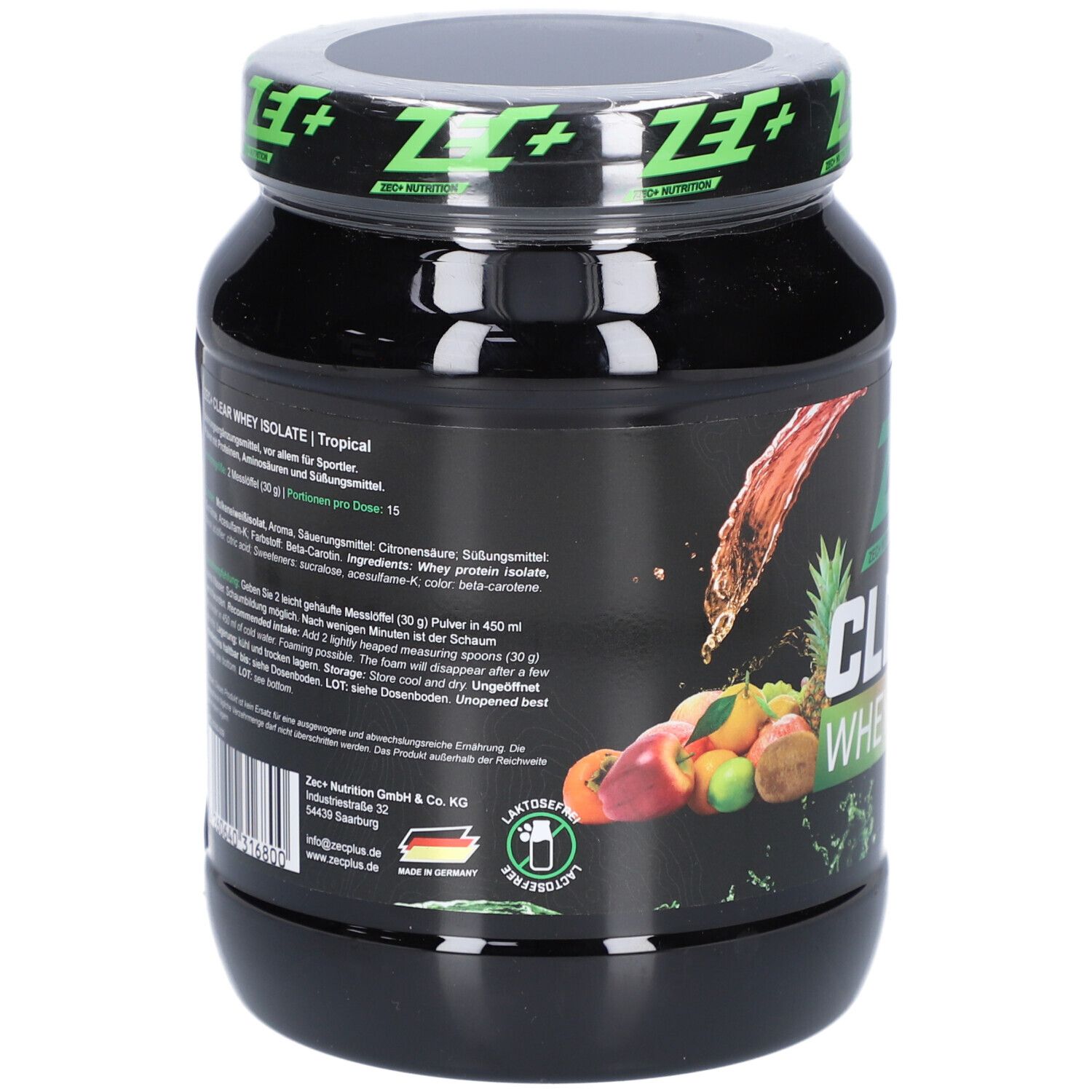 Dos du pot noir ZEC+ CLEAR WHEY ISOLATE. Texte avec ingrédients et valeurs nutritionnelles. Label sans lactose.