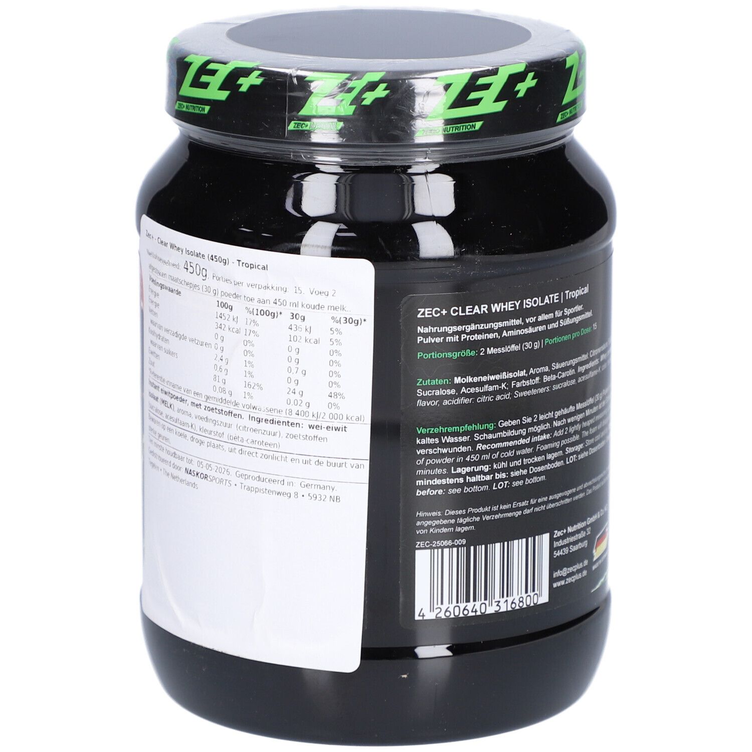Dos du pot noir ZEC+ CLEAR WHEY ISOLATE. Texte avec valeurs nutritionnelles et ingrédients. Fabriqué en Allemagne.