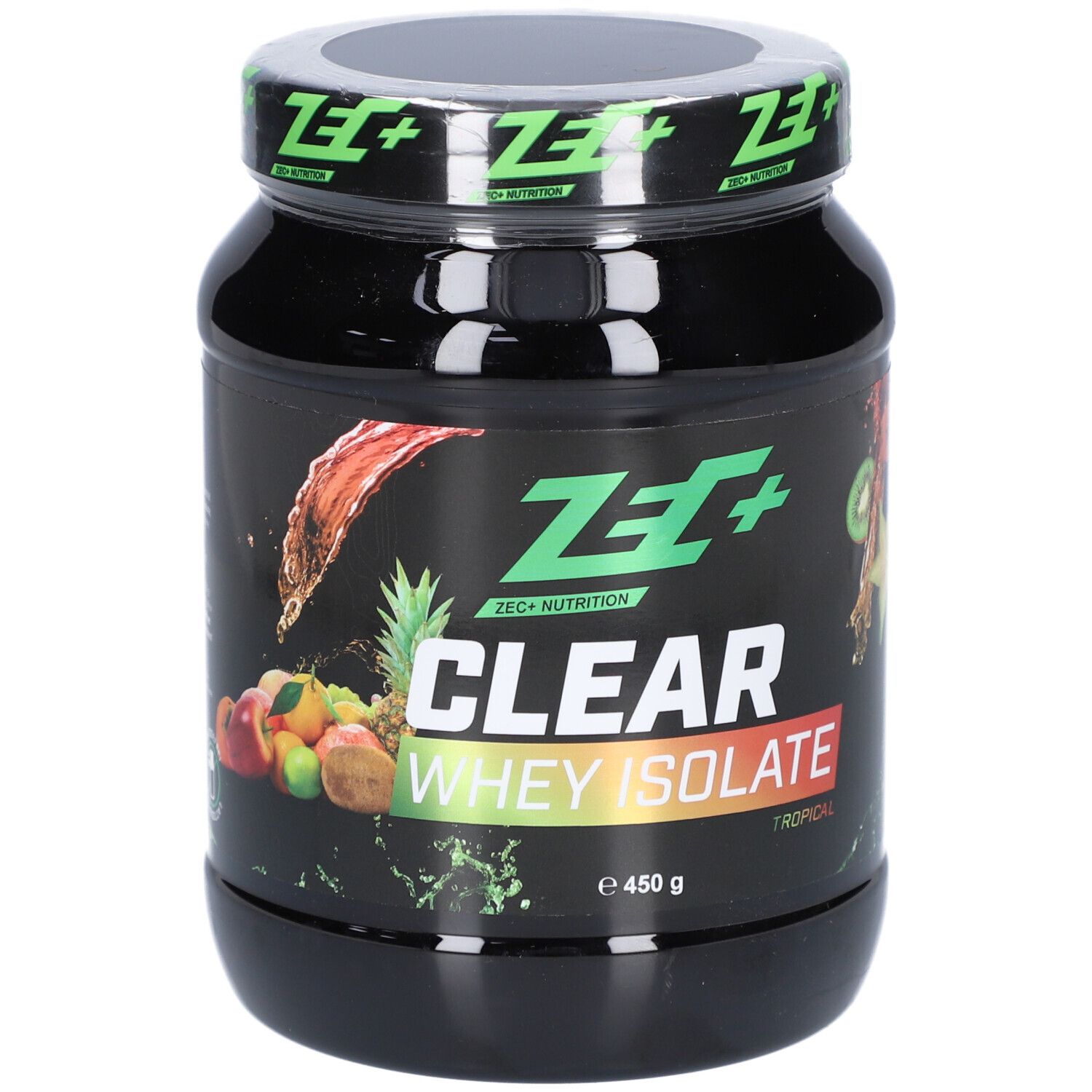 Pot noir ZEC+ CLEAR WHEY ISOLATE. Inscription: Tropical, 450 g. Illustration de fruits.