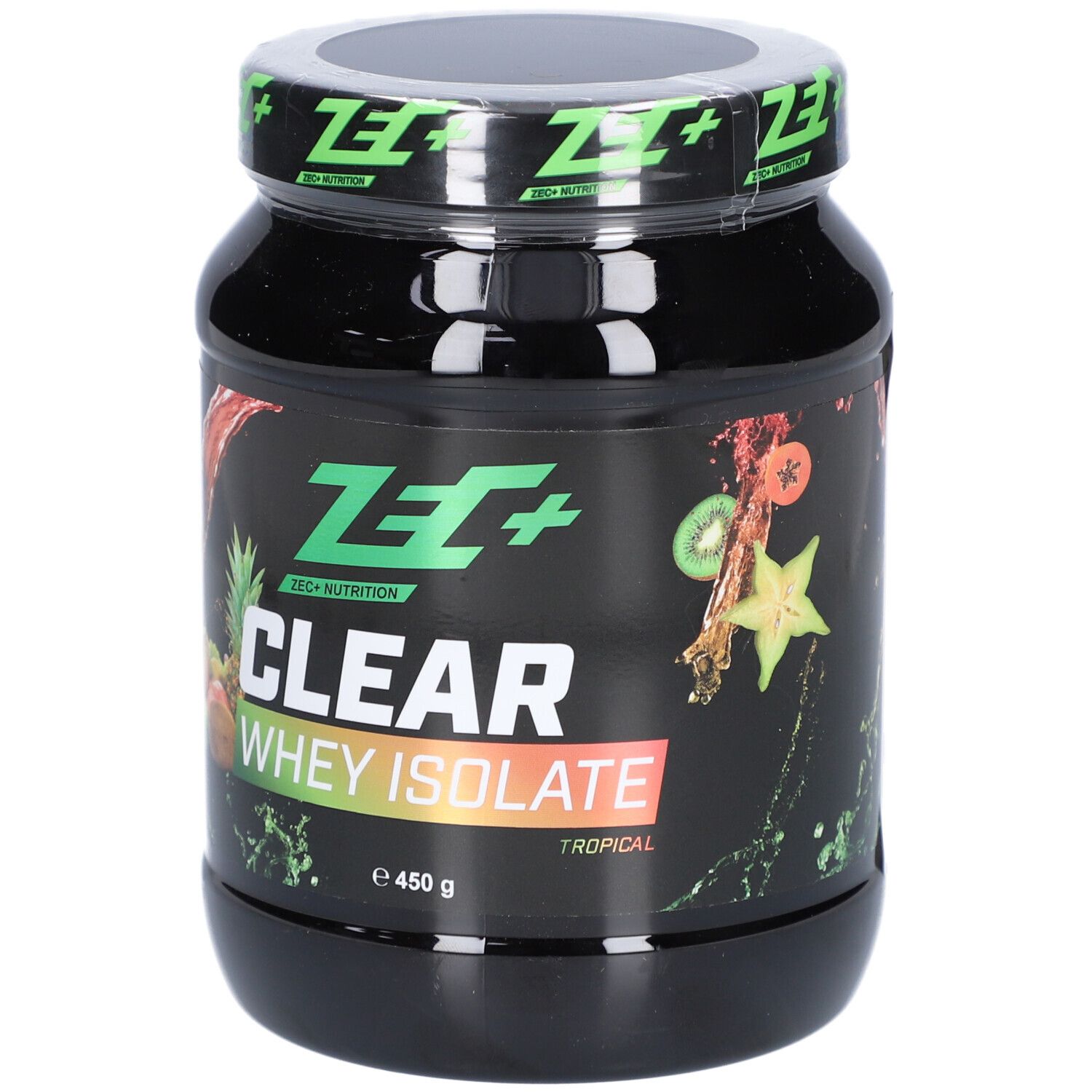 Pot noir ZEC+ CLEAR WHEY ISOLATE. Inscription: Tropical, 450 g. Illustration de fruits.