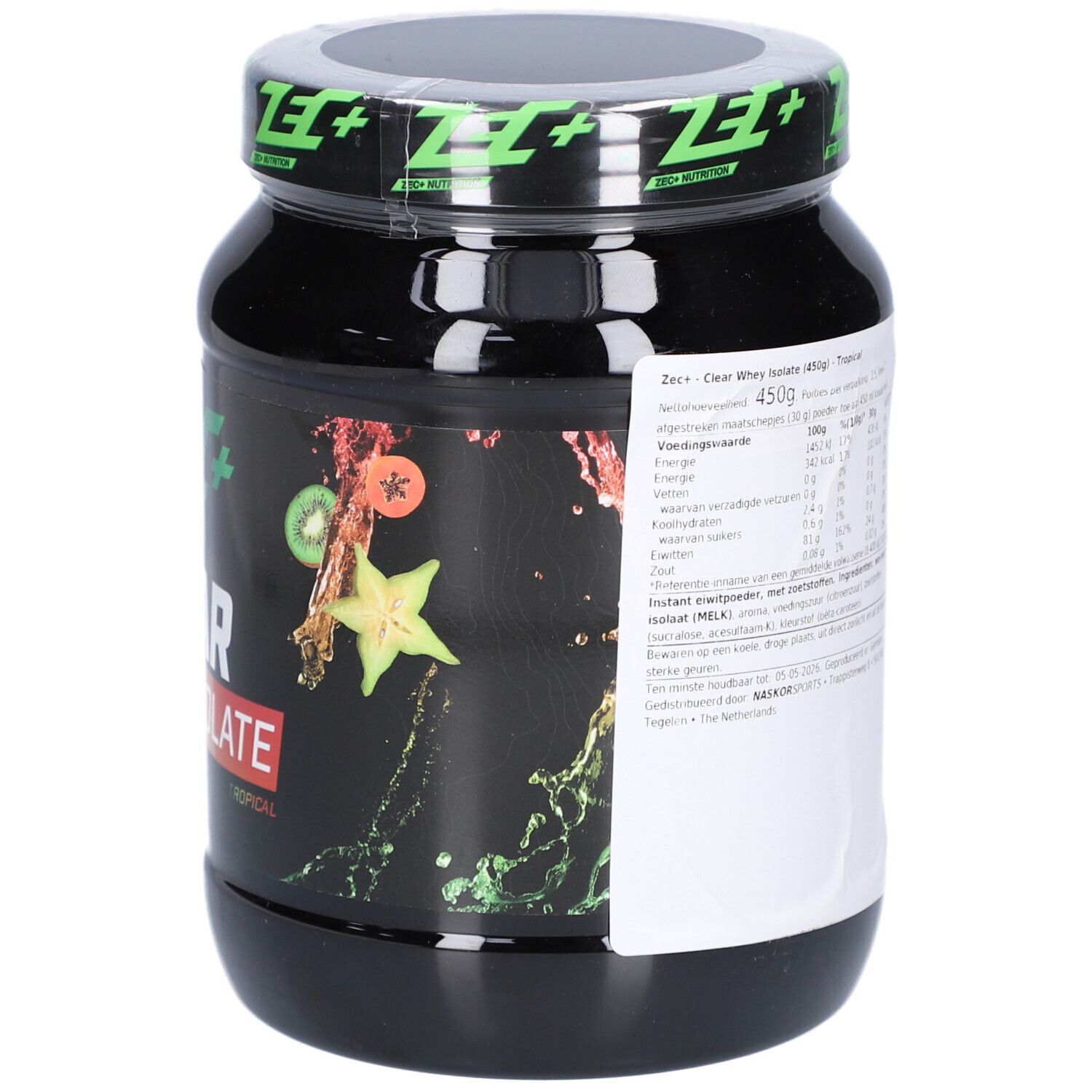 Dos du pot noir ZEC+ CLEAR WHEY ISOLATE. Texte avec valeurs nutritionnelles. Fabriqué aux Pays-Bas.