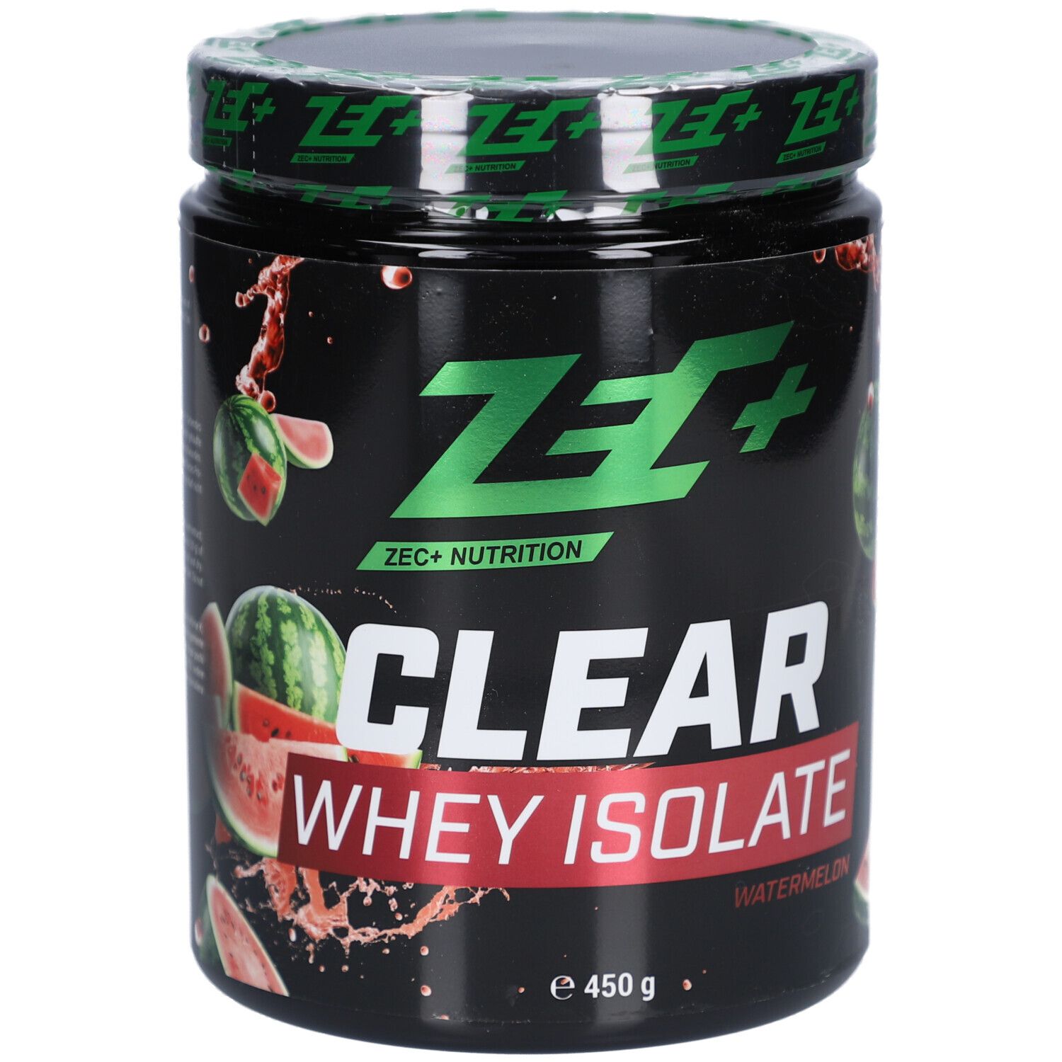 Schwarze Dose mit grünem Deckel. Aufschrift: ZEC+ CLEAR WHEY ISOLATE Wassermelone. Abbildung von Wassermelonen.