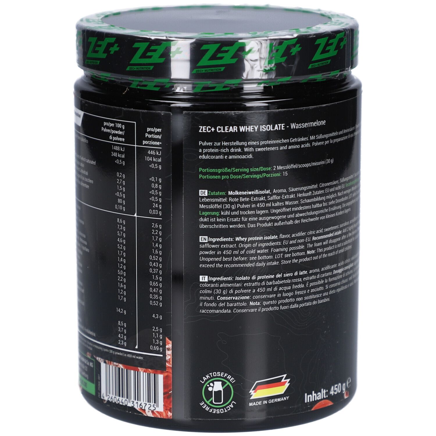 Rückseite der Dose mit Text. Aufschrift: ZEC+ CLEAR WHEY ISOLATE. Enthält 450g. Mit Laktosefrei-Siegel und Made in Germany.