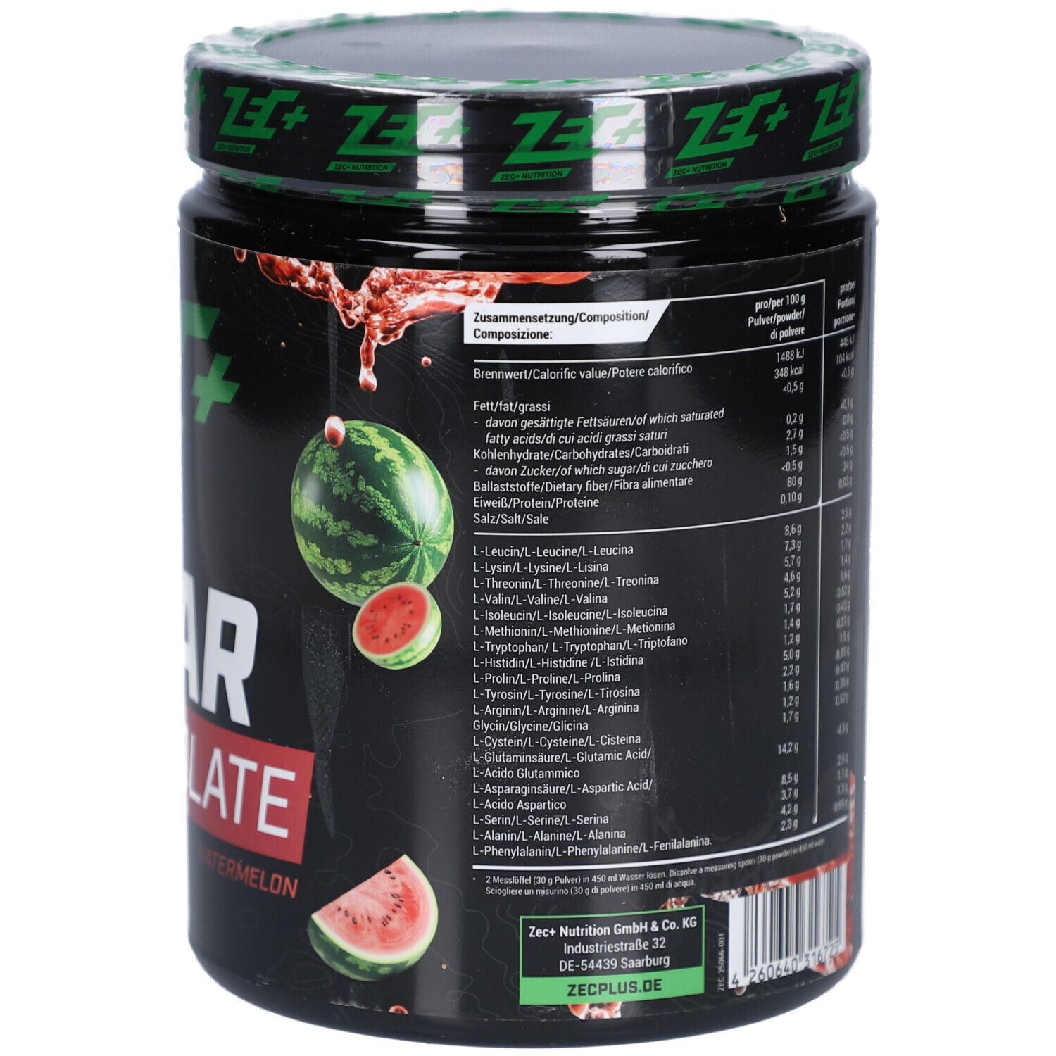 Rückseite der Dose mit Text und Nährwertangaben. Aufschrift: ZEC+ CLEAR WHEY ISOLATE Wassermelone. Abbildung von Wassermelonen.