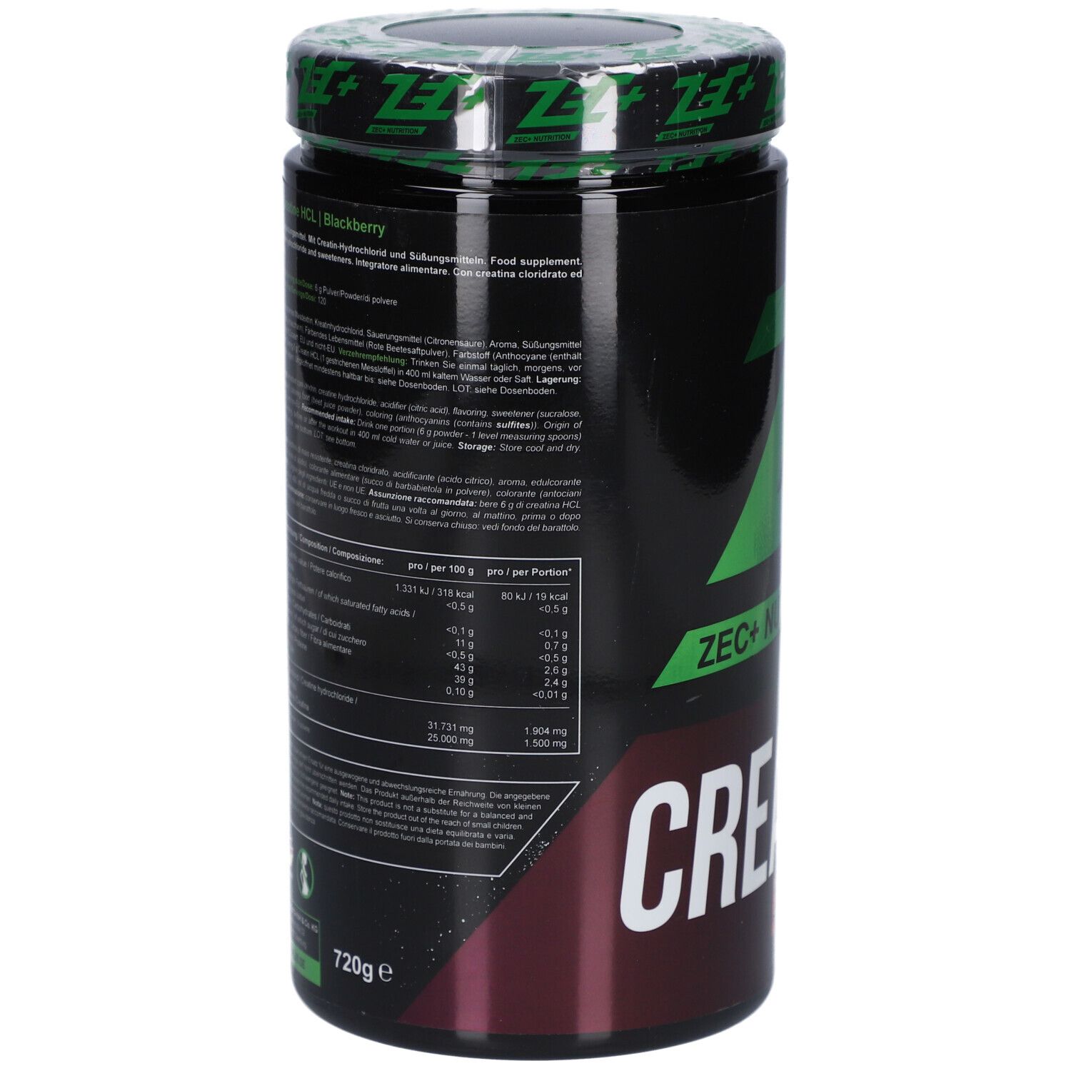 Rückseite der Dose mit Nährwertangaben und Inhaltsstoffen. Schwarzer Hintergrund mit grünen und weißen Texten. 720g-Angabe.