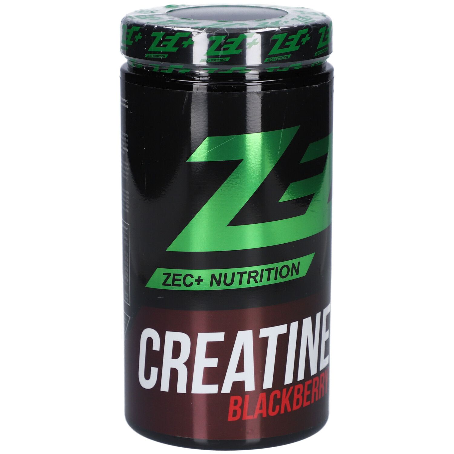 Schwarze Dose mit grünem ZEC+ Logo und Schriftzug CREATINE BLACKBERRY. Deckel mit grünem Logo. Produktname und Geschmacksrichtung.