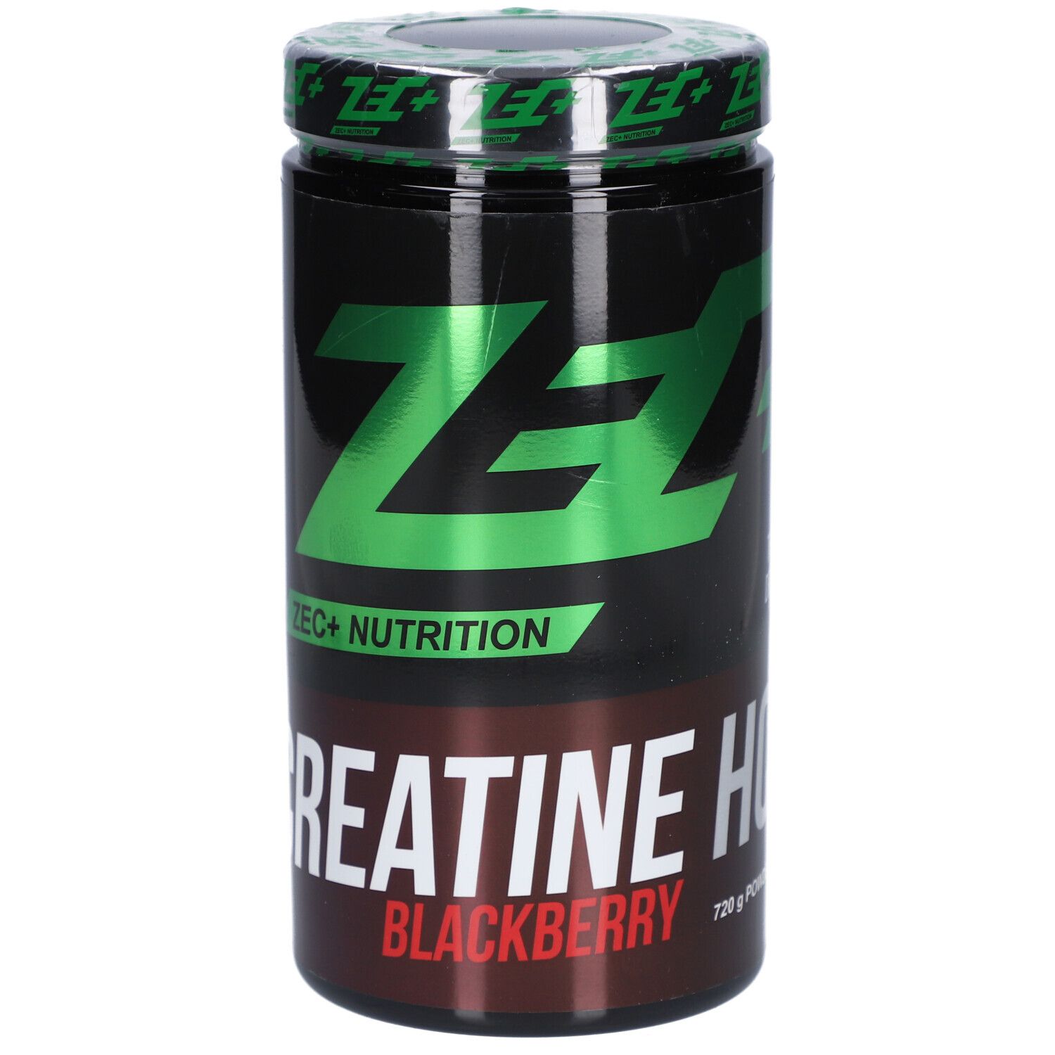 Schwarze Dose mit grünem ZEC+ Logo und Schriftzug CREATINE HCL BLACKBERRY. Deckel mit grünem Logo. 720 g.
