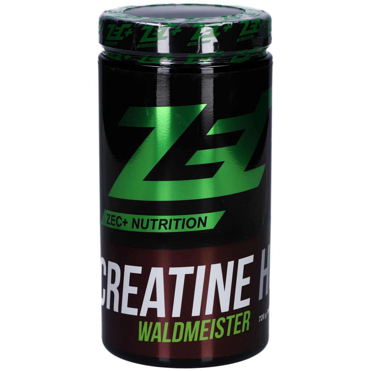 Boîte noire avec couvercle vert et logo. Inscription: ZEC+ CREATINE HCL Waldmeister.