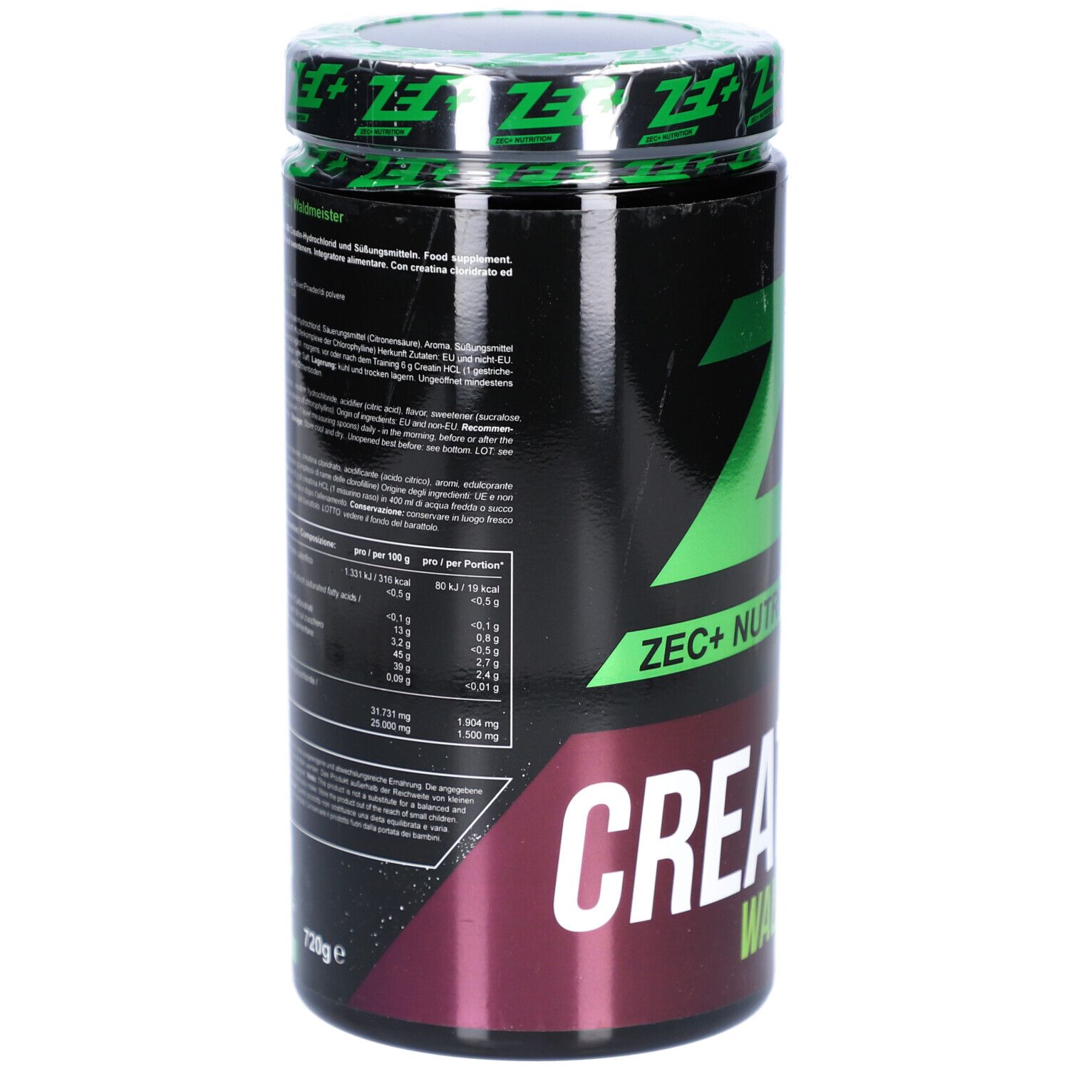 Boîte noire avec texte. Contient des informations nutritionnelles et des ingrédients. ZEC+ CREATINE HCL Waldmeister.