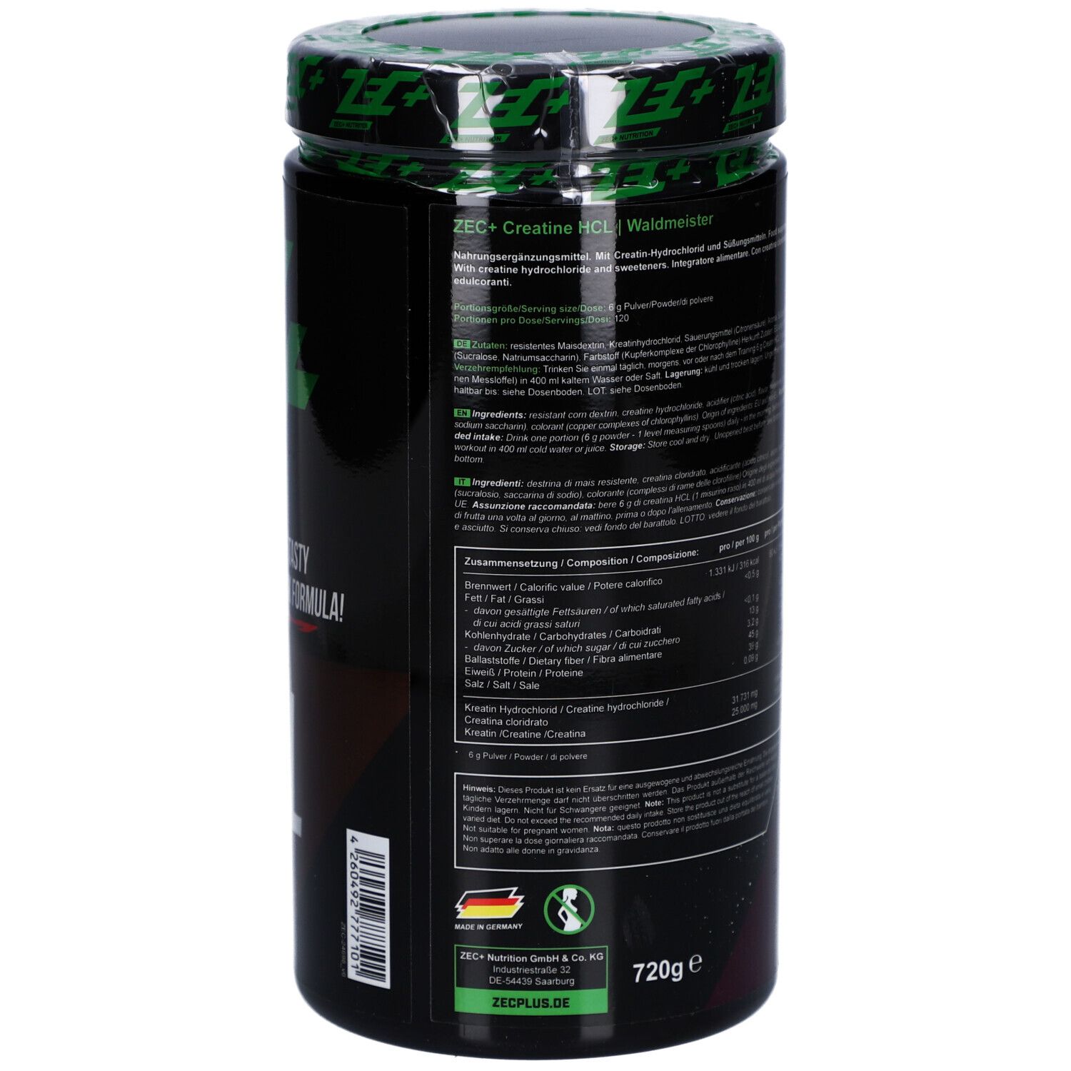 Boîte avec texte. Contient des informations nutritionnelles et des ingrédients. ZEC+ CREATINE HCL Waldmeister.