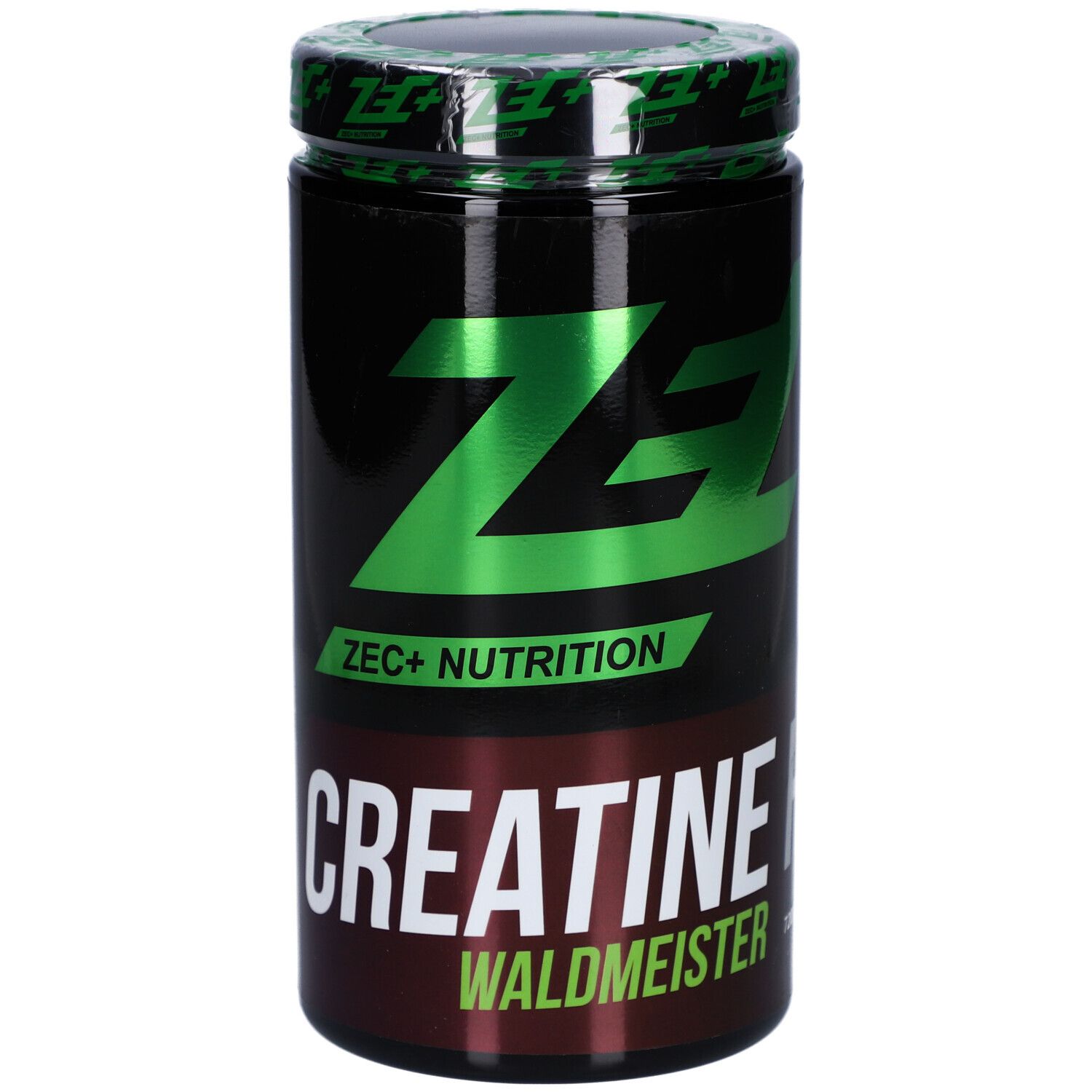 Boîte noire avec couvercle vert et logo. Inscription: ZEC+ CREATINE HCL Waldmeister.