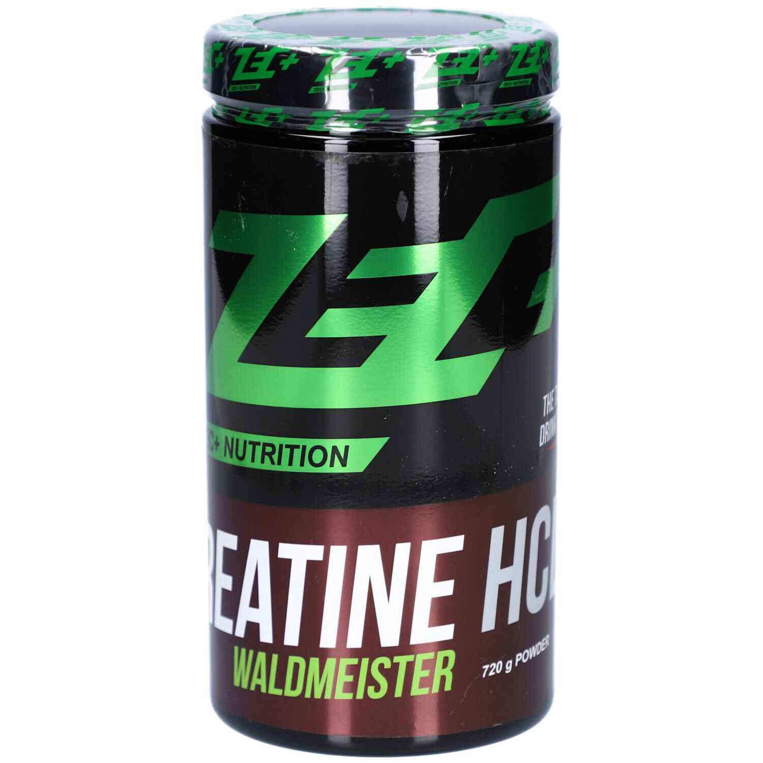 Boîte noire avec couvercle vert et logo. Inscription: ZEC+ CREATINE HCL Waldmeister.