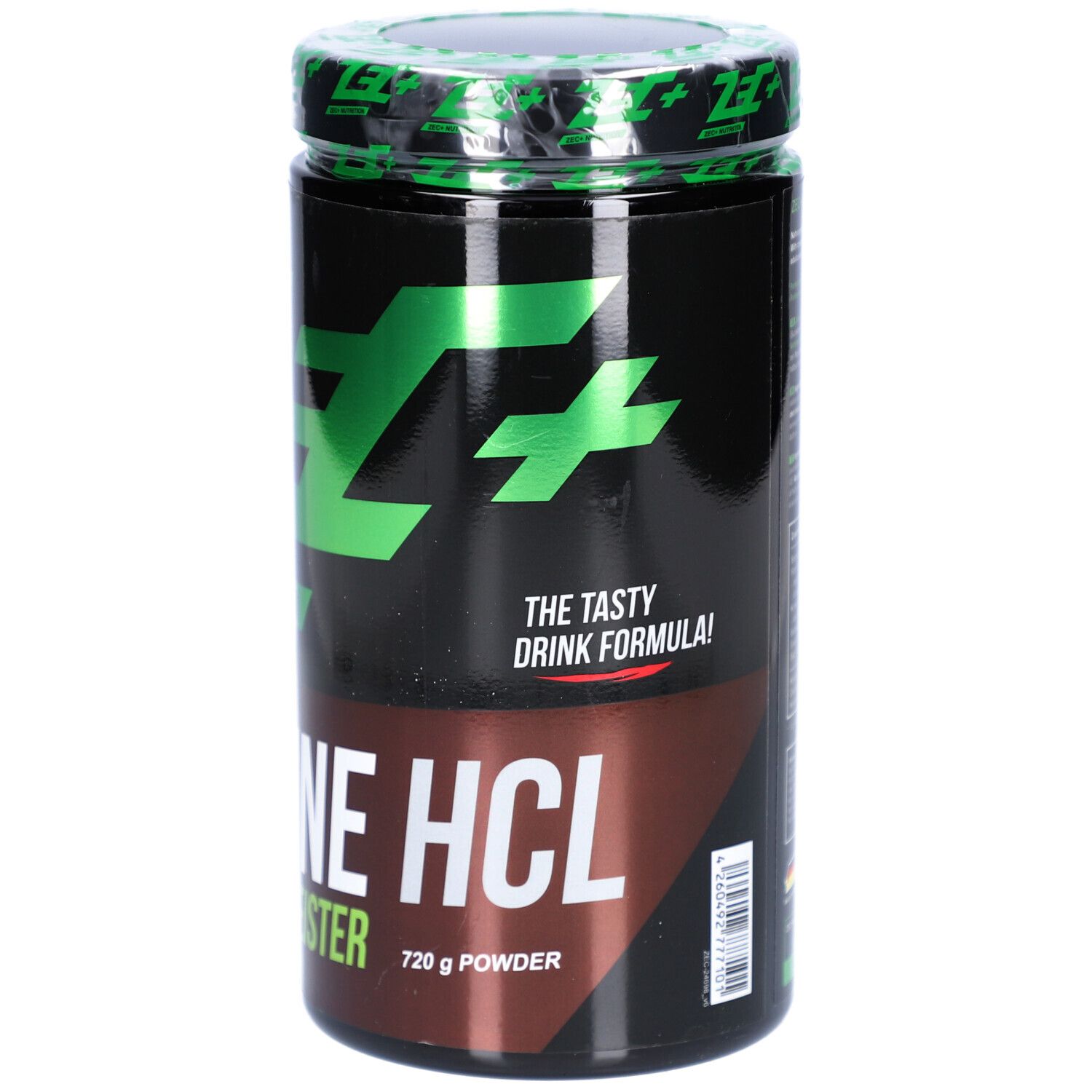 Boîte noire avec couvercle vert et logo. Inscription: ZEC+ CREATINE HCL Waldmeister, 720 g Powder.