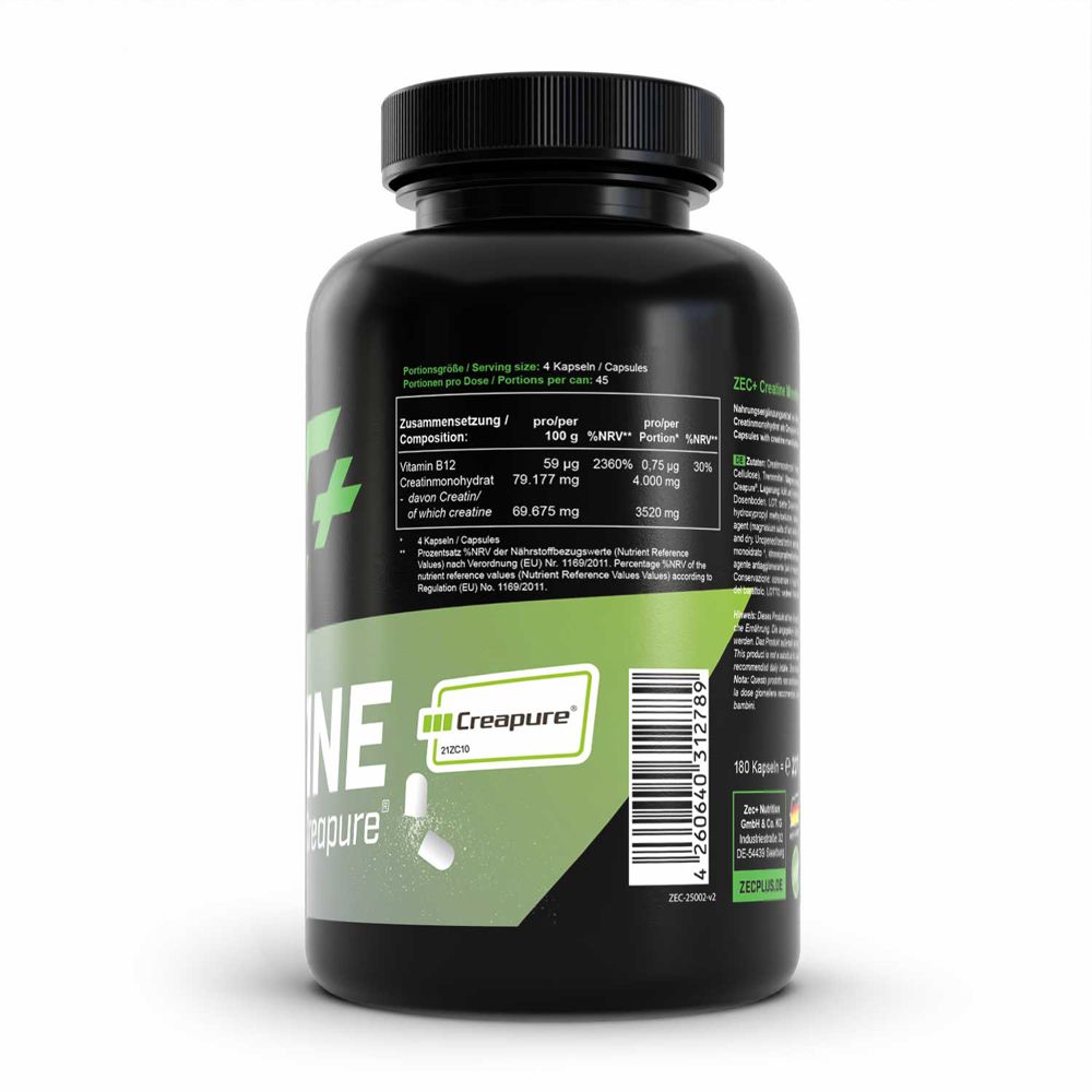 Rückseite eines schwarzen Behälters mit Nährwertangaben, Creapure Logo und Barcode.