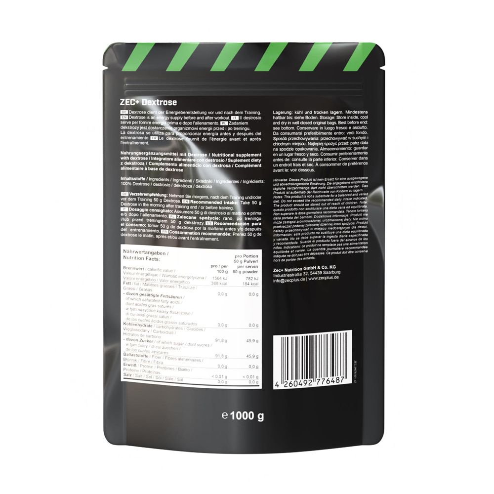 Rückseite der schwarzen Verpackung. Text mit Nährwertangaben und Inhaltsstoffen. Barcode und Logo. Gewicht: 1000 g.