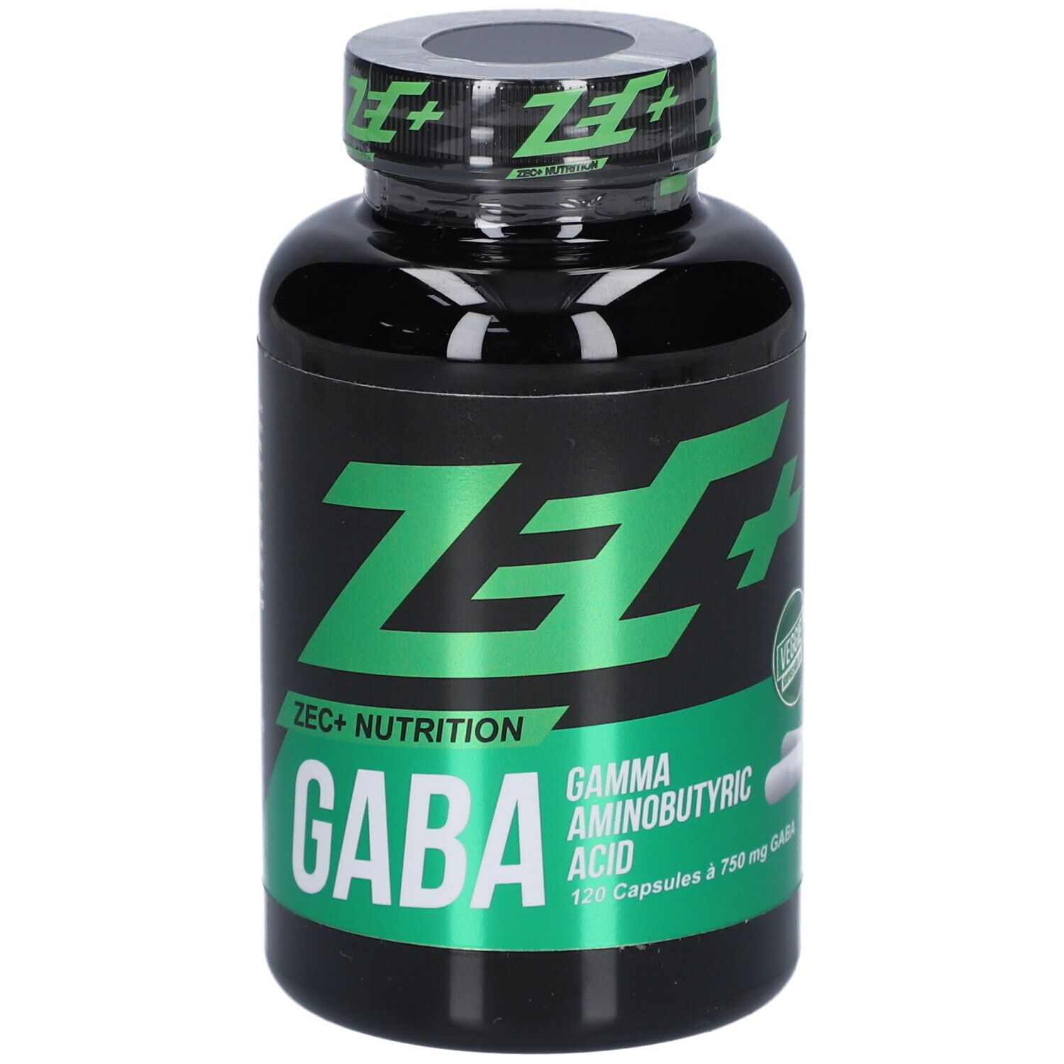 Flacon noir avec étiquette verte. Inscription: ZEC+ GABA, acide gamma-aminobutyrique, 120 gélules.