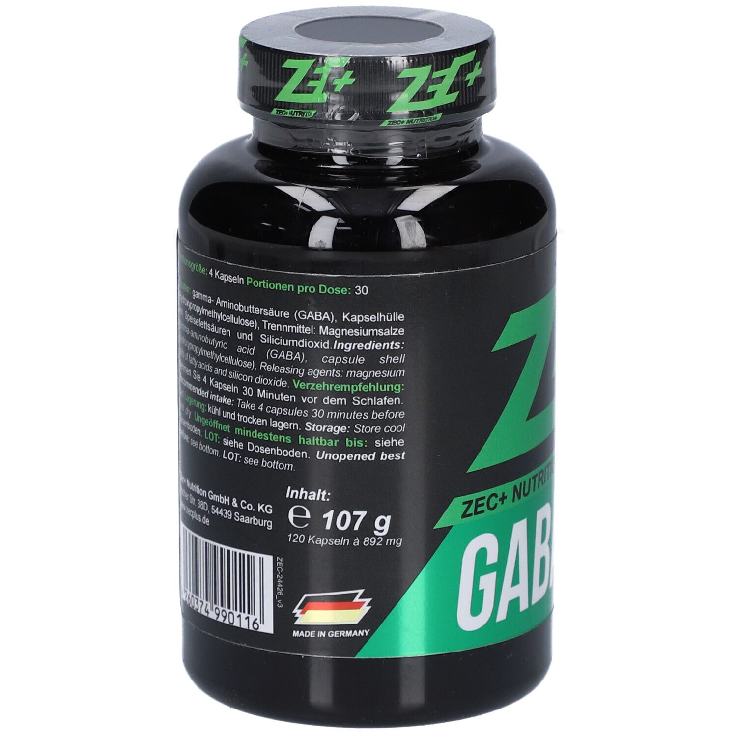 Dos du flacon noir. Texte: ZEC+ Nutrition GABA, ingrédients, 120 gélules, 107 g, Fabriqué en Allemagne.