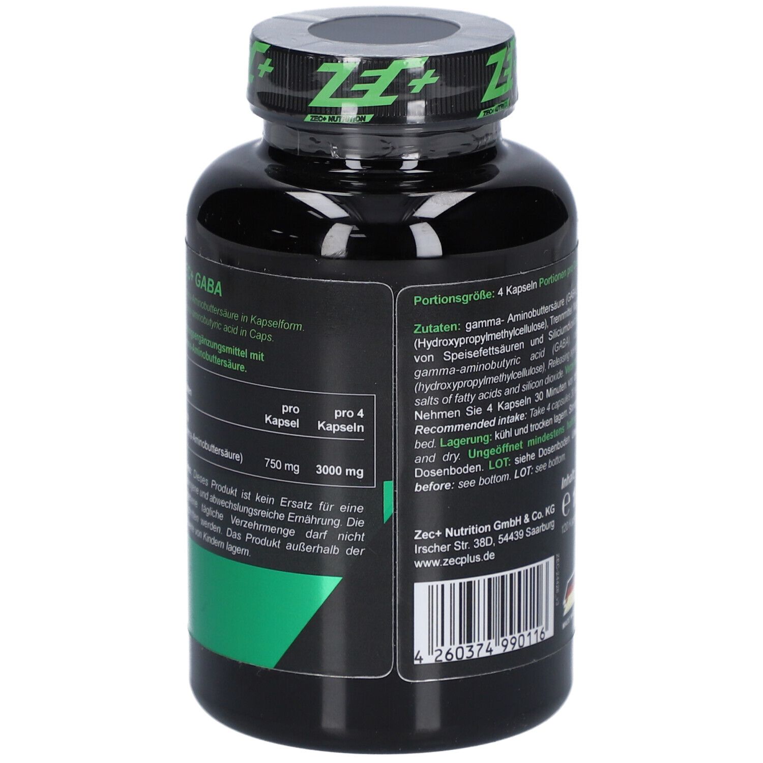 Dos du flacon noir. Texte: ZEC+ Nutrition GABA, ingrédients, recommandation, stockage, à consommer de préférence avant.