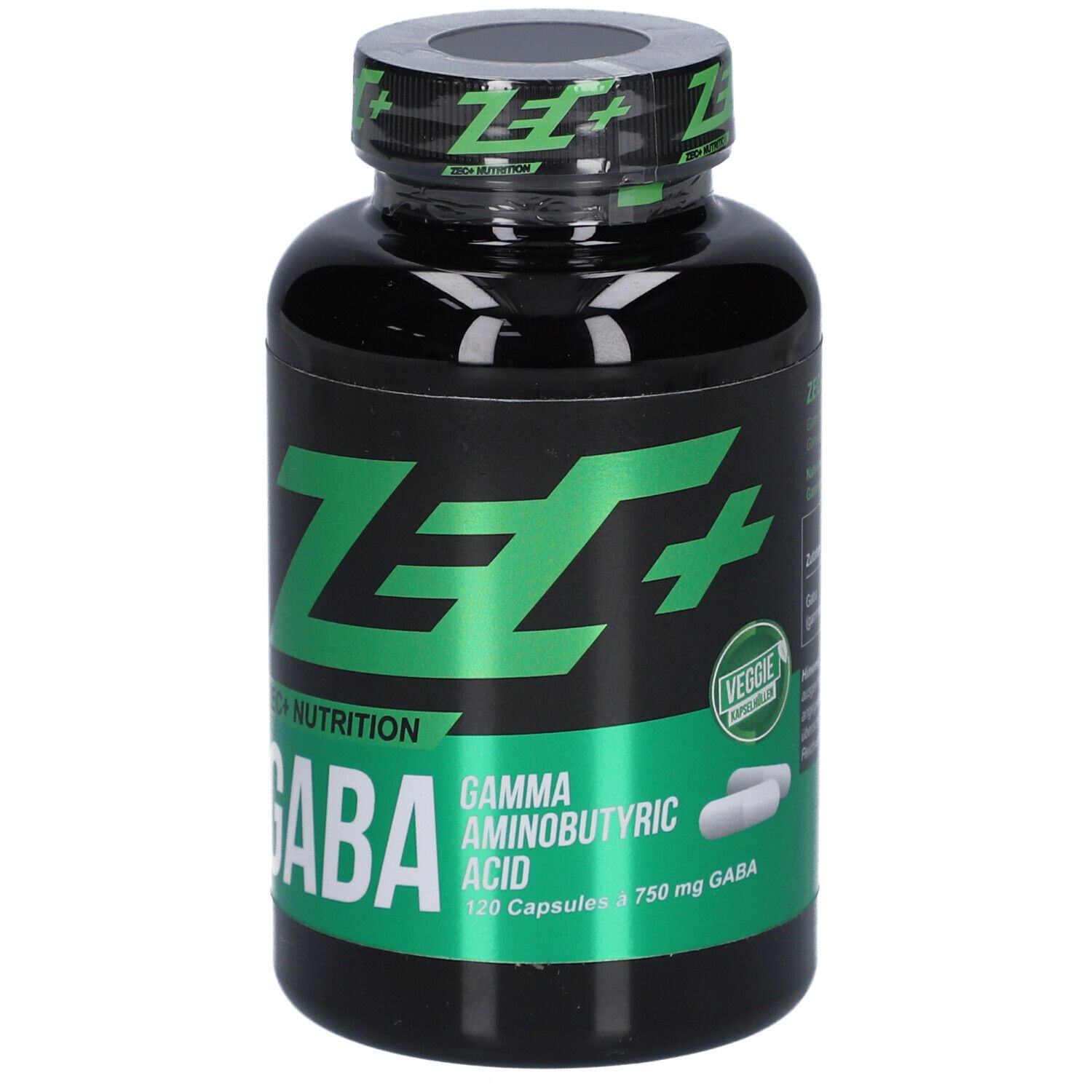 Flacon noir avec étiquette verte. Inscription: ZEC+ GABA, acide gamma-aminobutyrique, 120 gélules. Label végétarien.