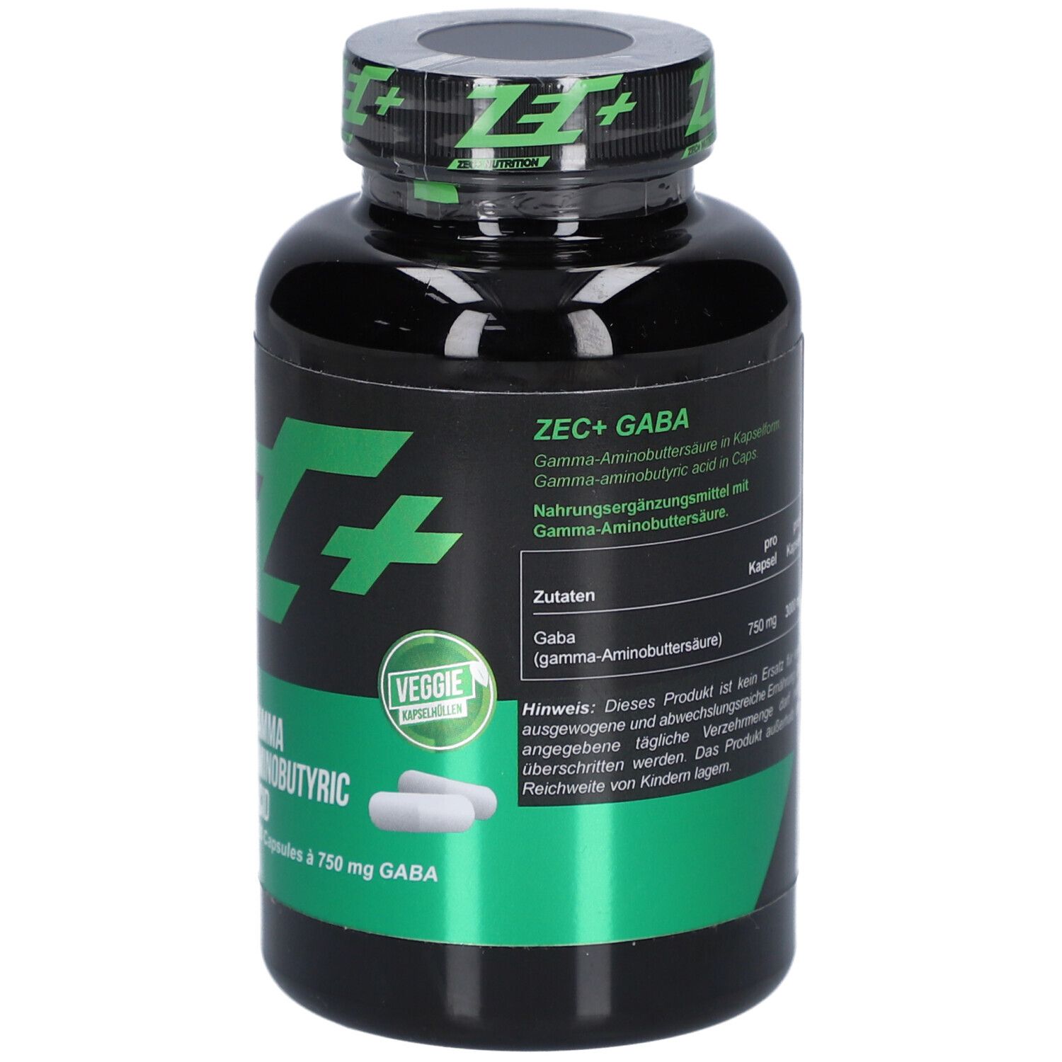 Flacon noir avec étiquette verte. Inscription: ZEC+ GABA, acide gamma-aminobutyrique, 120 gélules. Label végétarien.