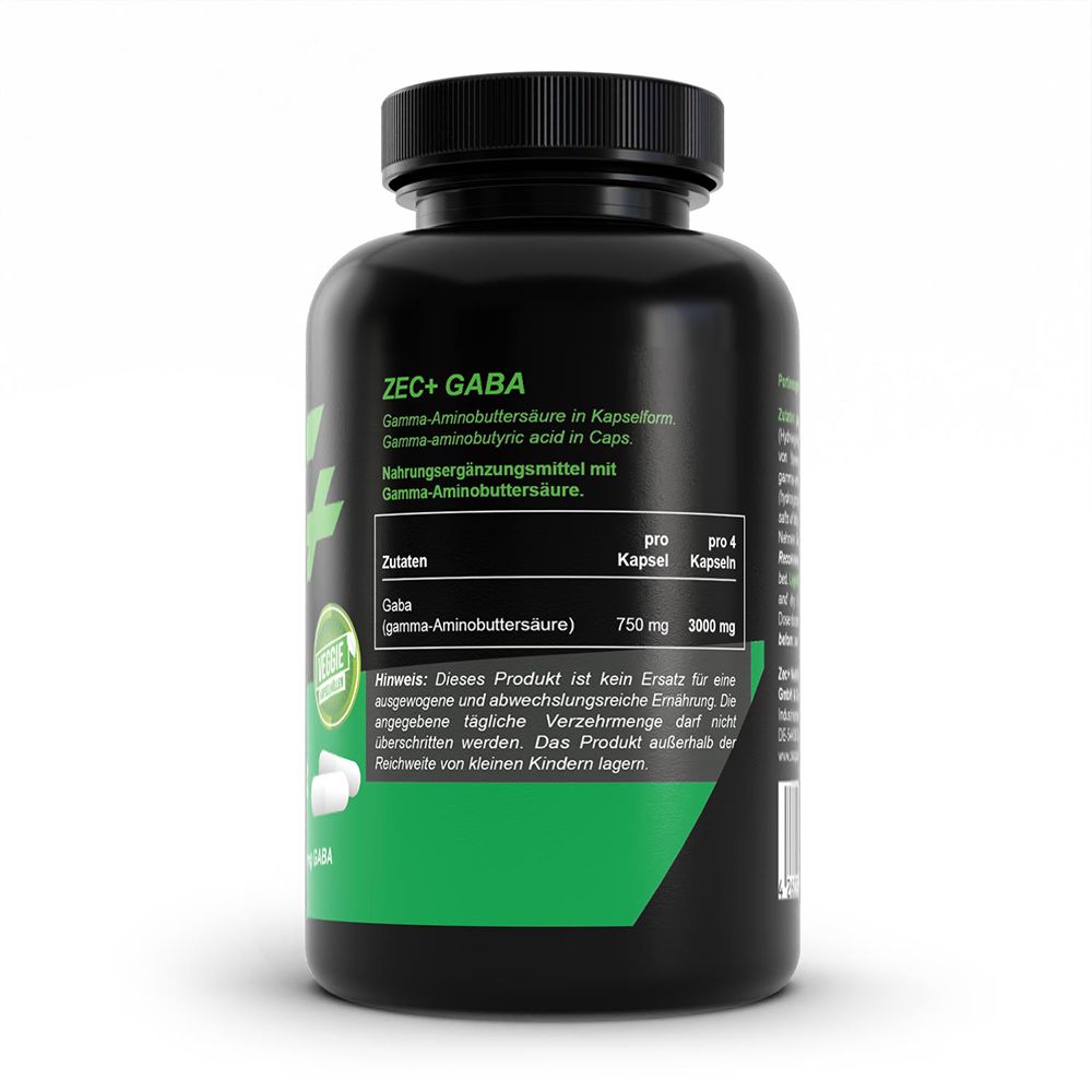 Rückseite der Dose ZEC+ GABA mit Zutatenliste und Dosierung.