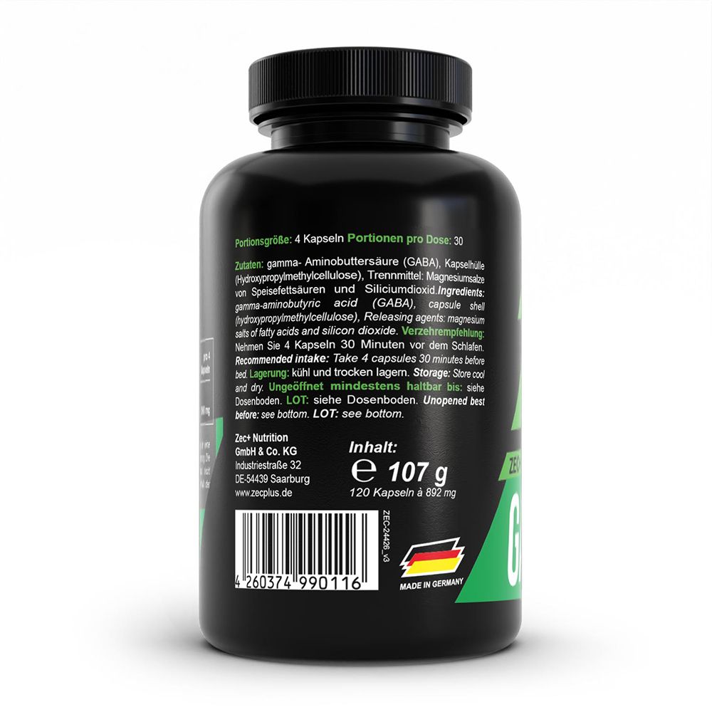 Rückseite der Dose ZEC+ GABA mit Inhaltsangabe und Herstellungsland Deutschland.