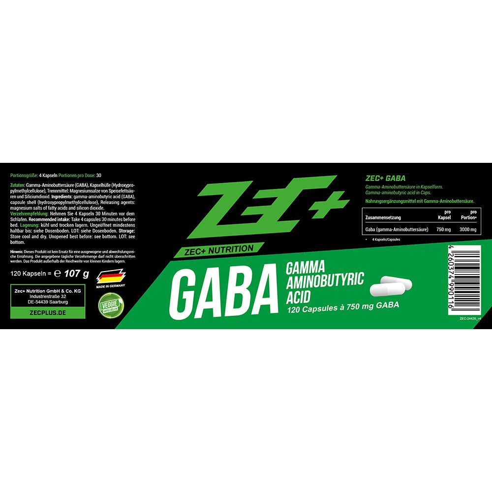 Verpackung ZEC+ GABA mit 120 Kapseln à 750 mg.