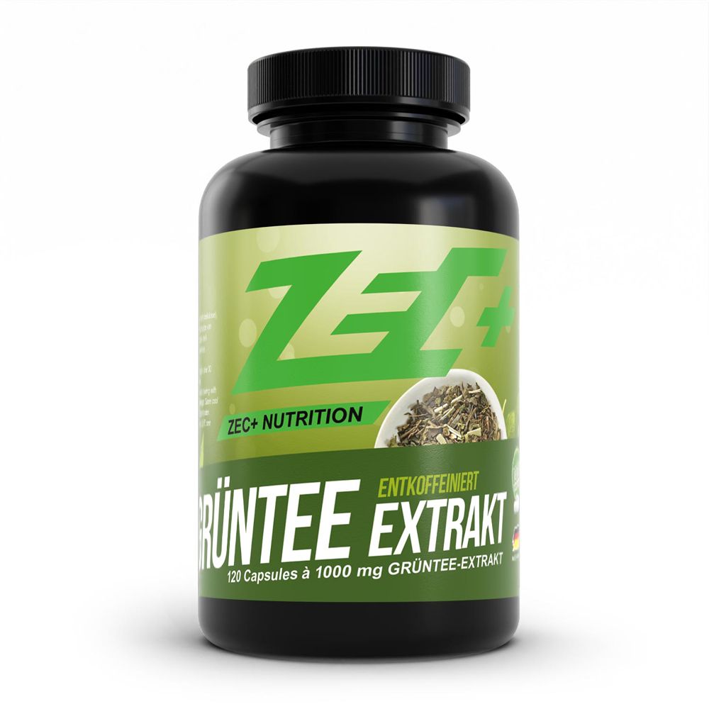 Pot noir avec étiquette verte : ZEC+ EXTRAIT DE THÉ VERT, 120 gélules à 1000 mg.