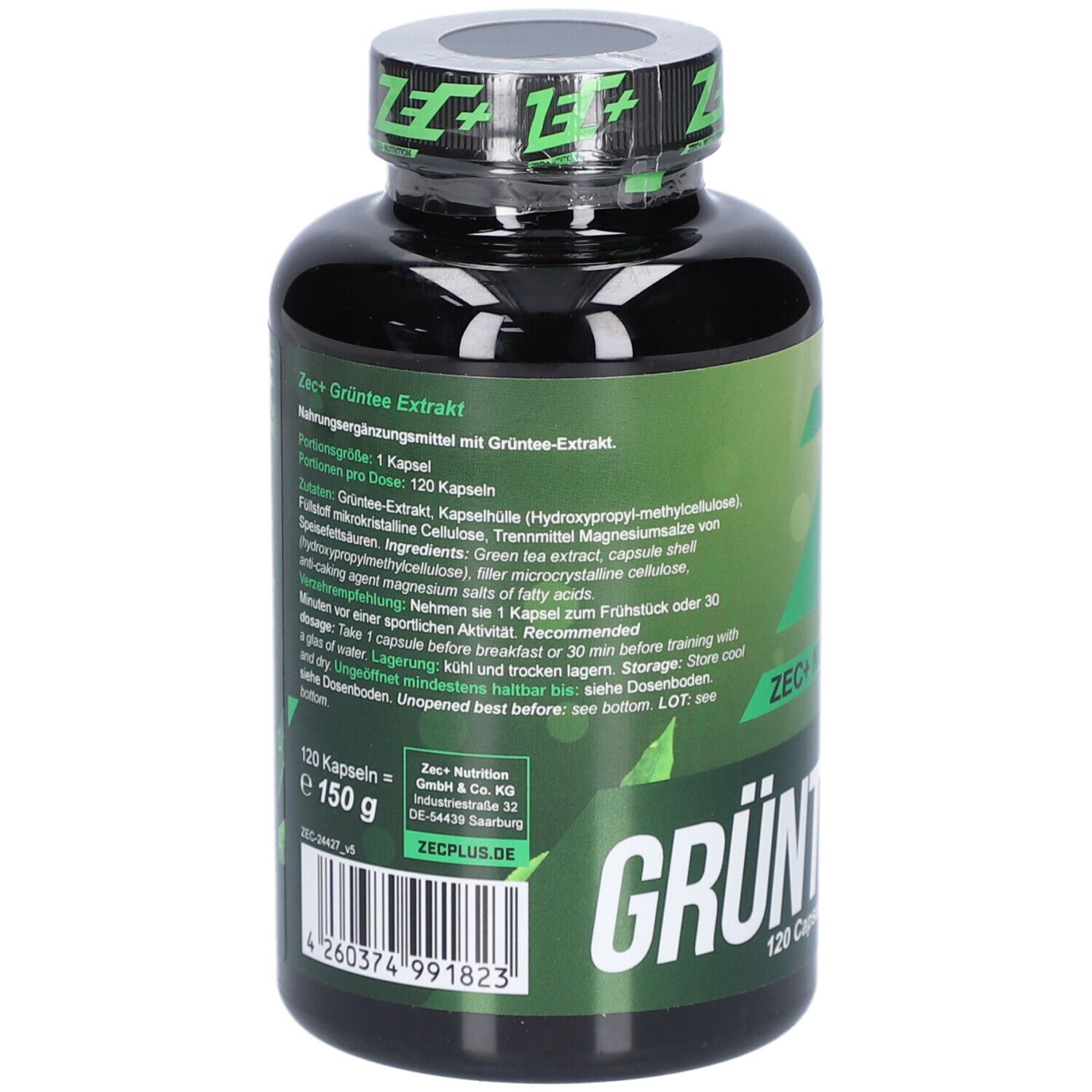 Rückseite der Flasche. Enthält Informationen zu Inhaltsstoffen und Dosierung. 120 Kapseln.