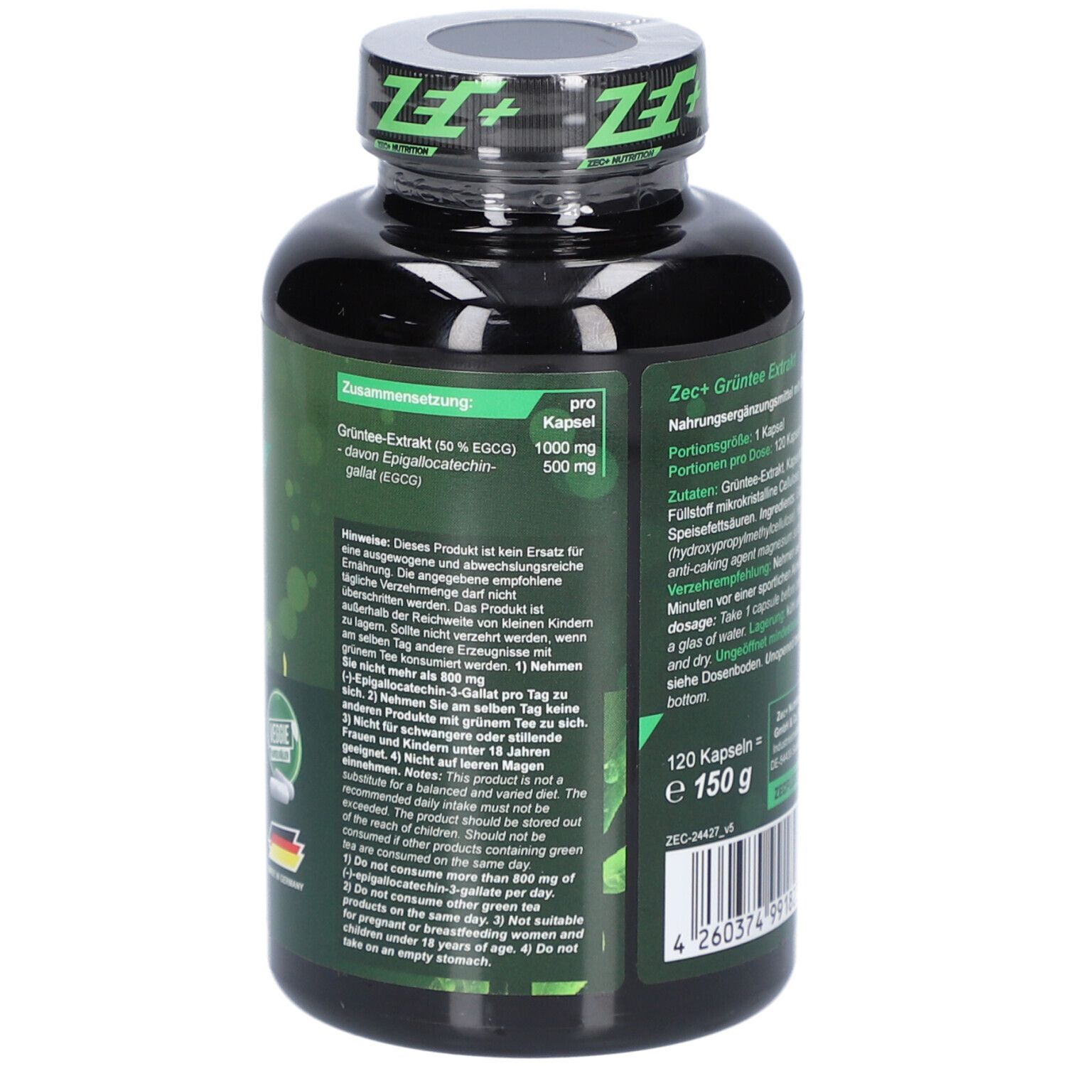 Rückseite der Flasche mit Nährwertangaben. 120 Kapseln. Hergestellt in Deutschland.