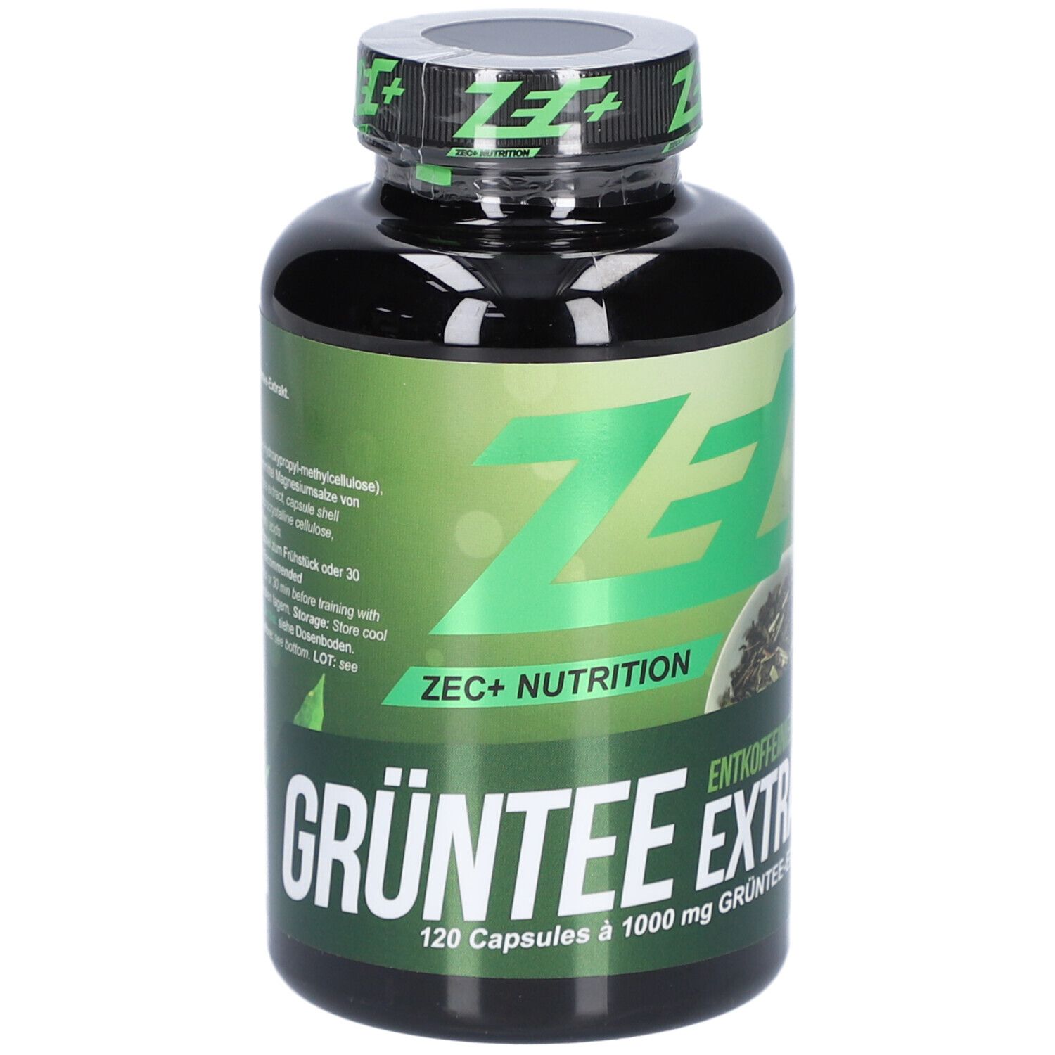 Schwarze Flasche mit grünem Etikett. Aufschrift: ZEC+ GRÜNTEE EXTRAKT. 120 Kapseln.
