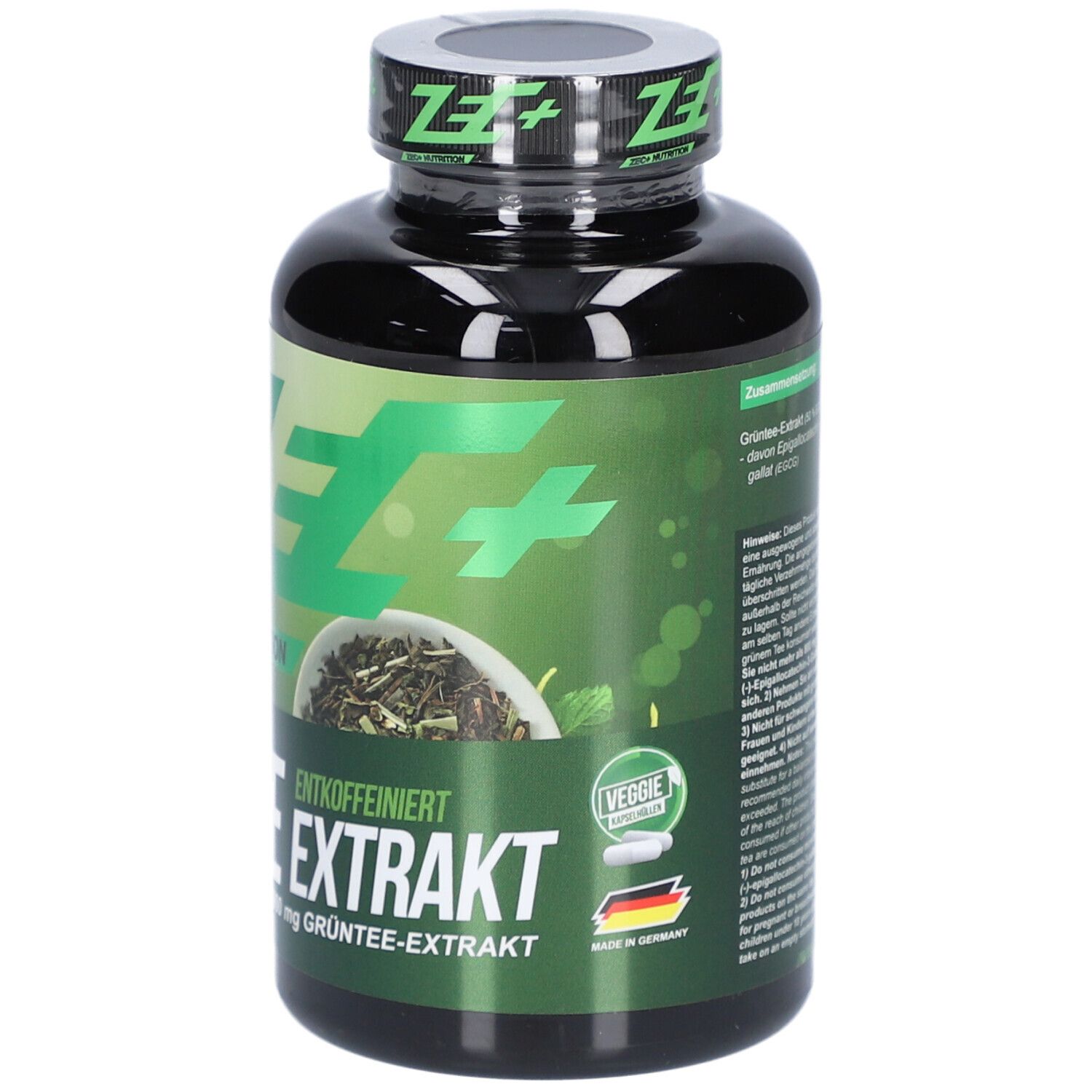 Schwarze Flasche mit grünem Etikett. Aufschrift: ZEC+ GRÜNTEE EXTRAKT, entkoffeiniert. 120 Kapseln. Veggie.