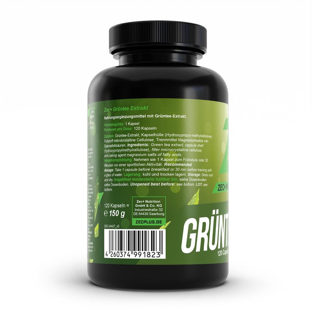 Arrière du pot : détails sur ZEC+ EXTRAIT DE THÉ VERT, 120 gélules, 150 g, Fabriqué en Allemagne.