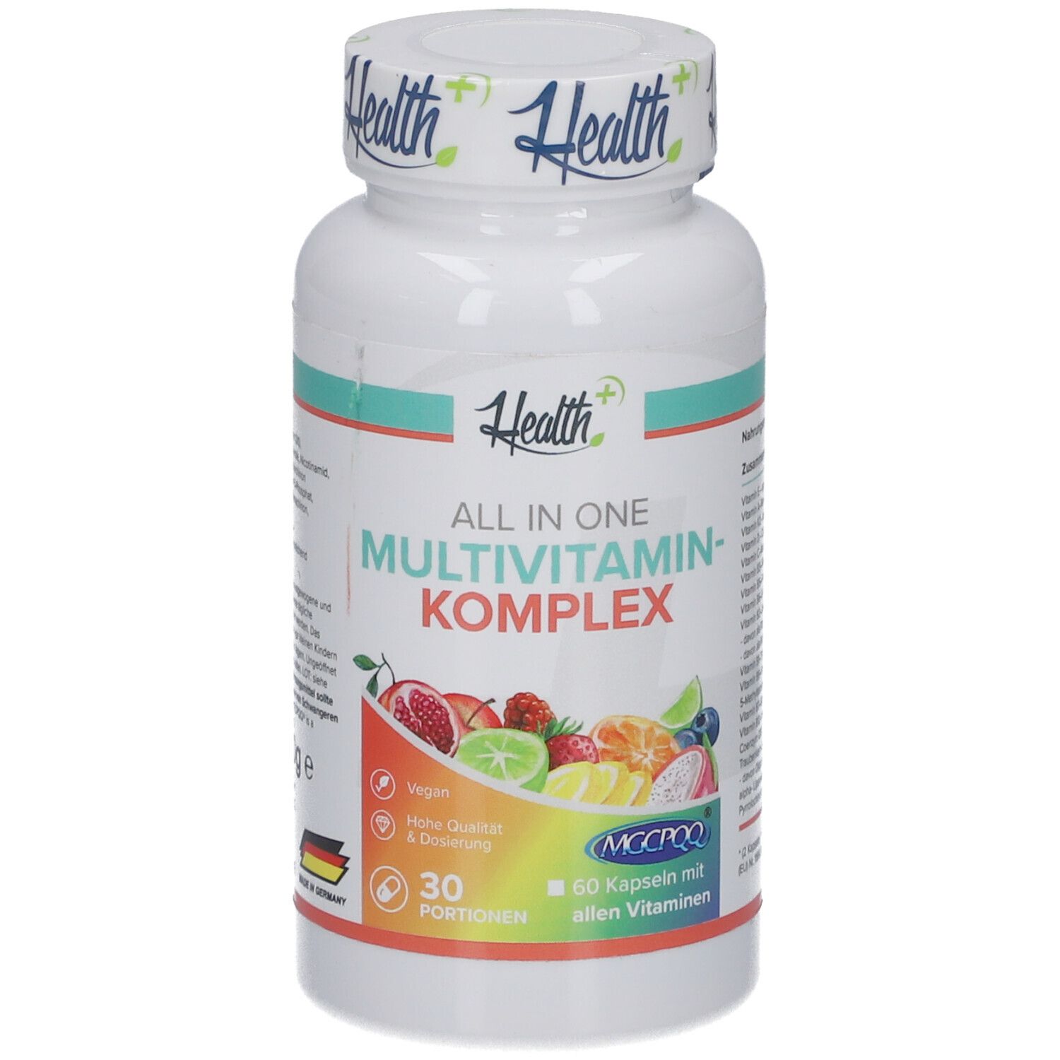 Flacon blanc HEALTH+ ALL IN ONE Multivitamin Komplex. 60 gélules, 30 portions. Illustration de fruits.