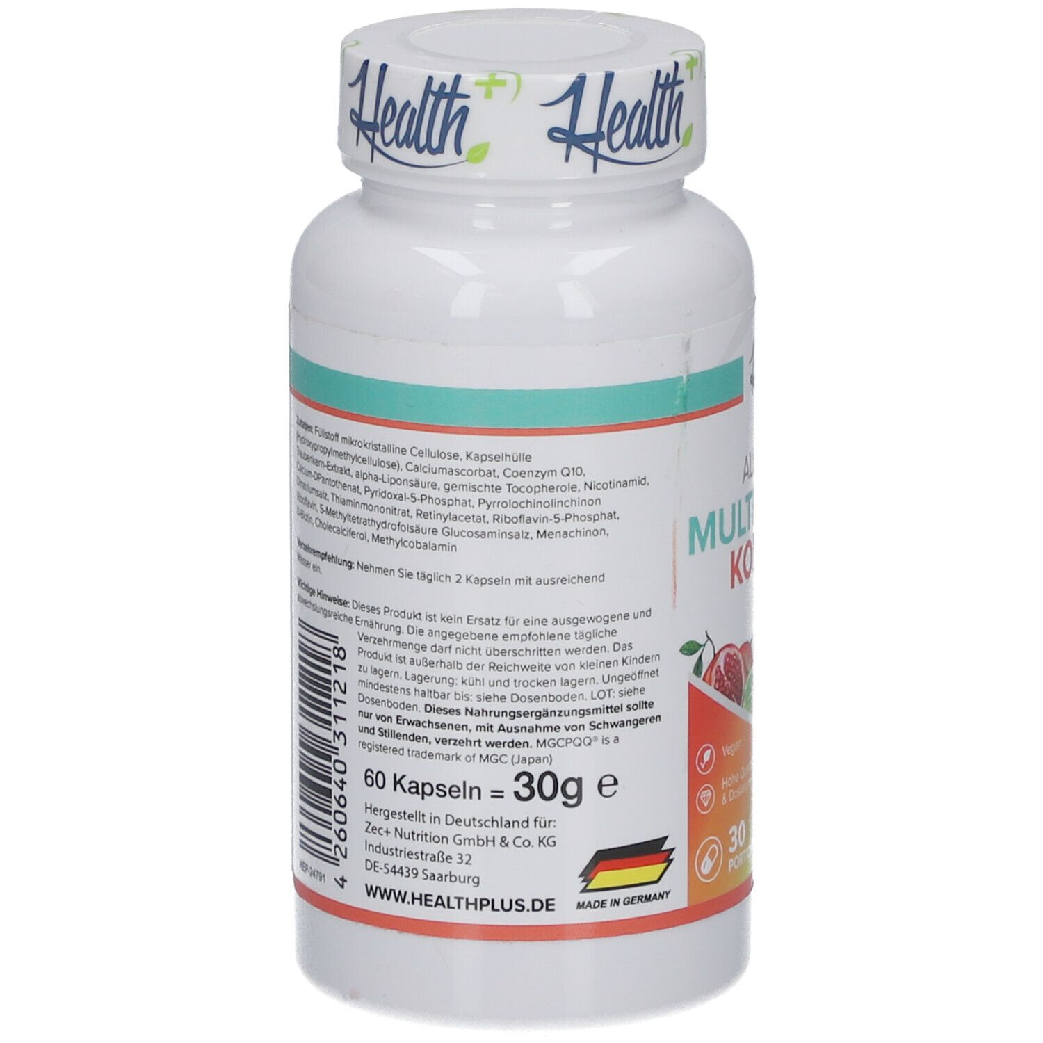 Dos du flacon blanc HEALTH+ ALL IN ONE Multivitamin Komplex. 60 gélules, 30g. Ingrédients et informations fabricant.