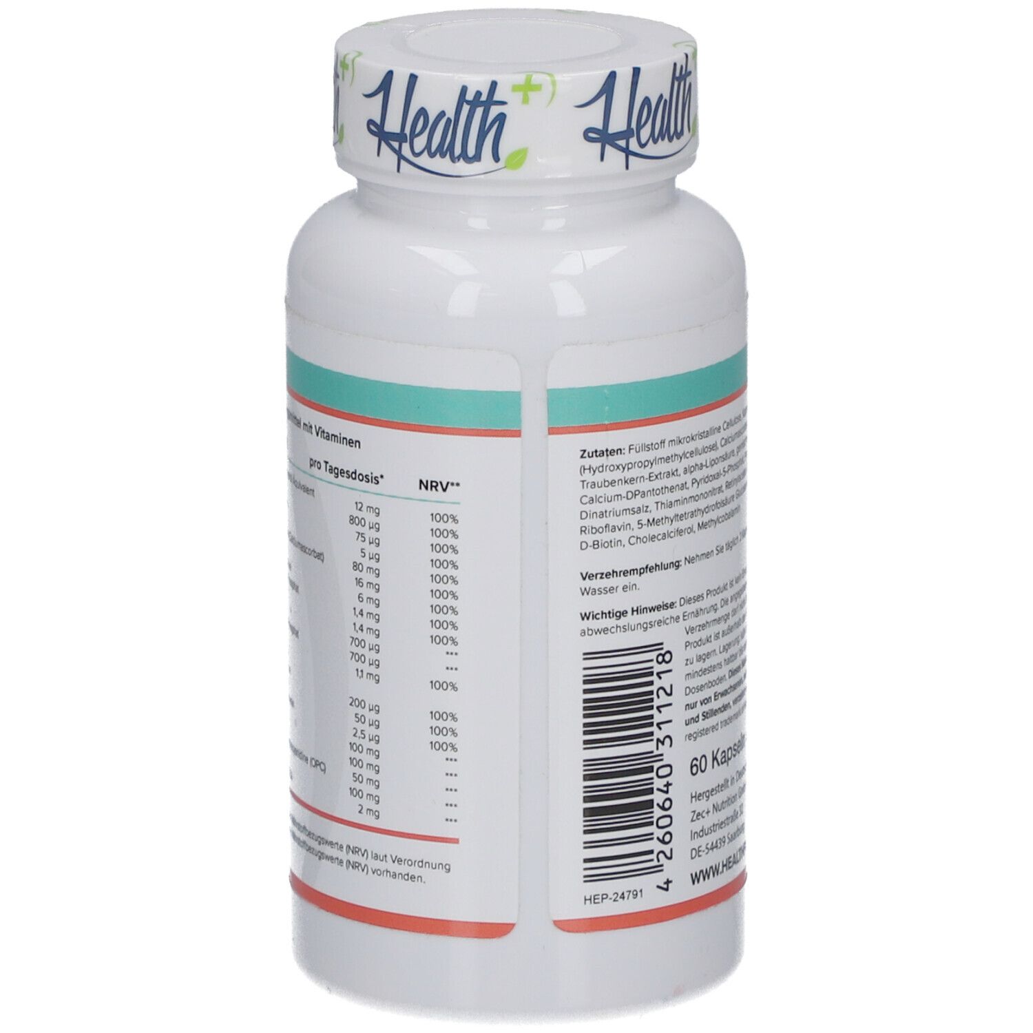 Flacon blanc HEALTH+ ALL IN ONE Multivitamin Komplex. Tableau nutritionnel avec vitamines par dose quotidienne.
