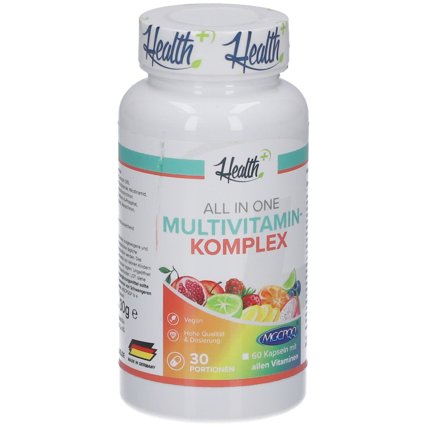 Flacon blanc HEALTH+ ALL IN ONE Multivitamin Komplex. 60 gélules, 30 portions. Illustration de fruits.