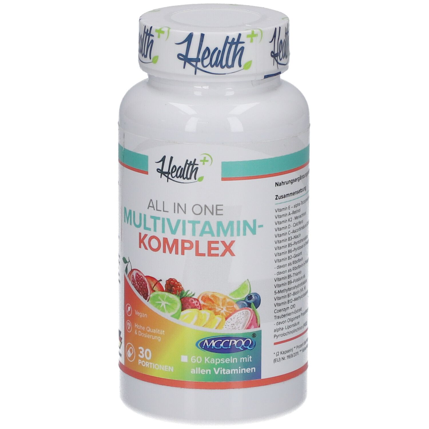 Flacon blanc HEALTH+ ALL IN ONE Multivitamin Komplex. 60 gélules. Informations nutritionnelles.