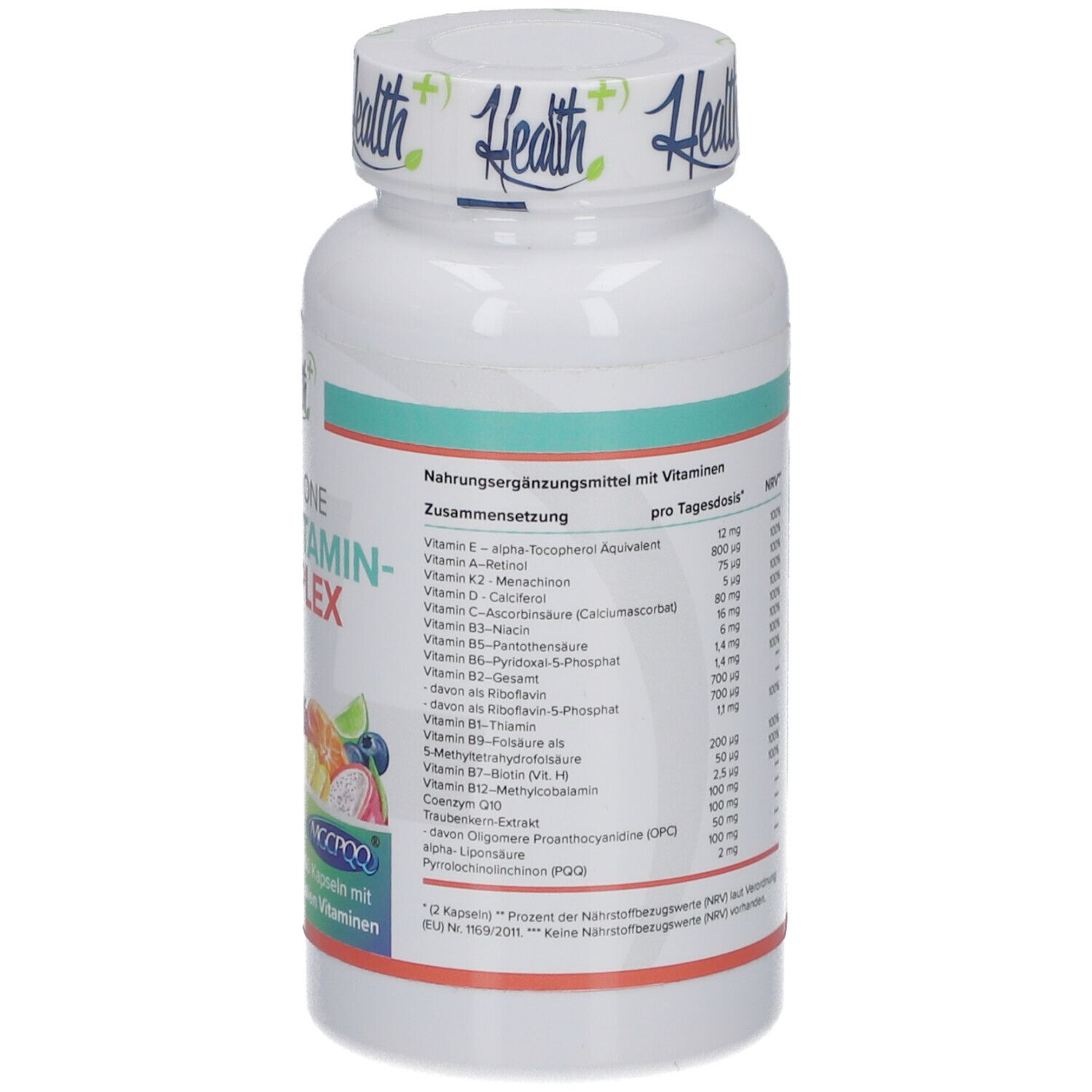 Flacon blanc HEALTH+ ALL IN ONE Multivitamin Komplex. Informations nutritionnelles avec vitamines par dose quotidienne.