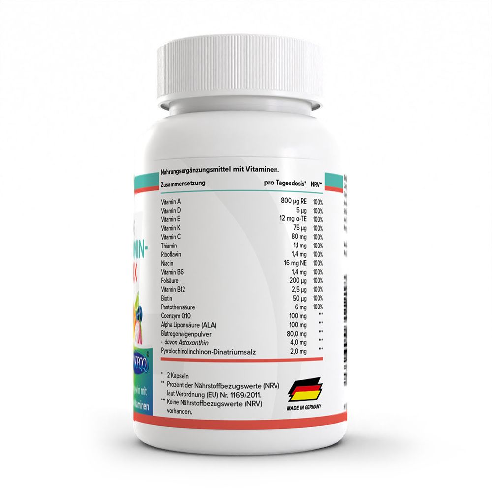 Rückseite der Dose mit Nährwerttabelle für Vitamine, Coenzym Q10 und Astaxanthin.