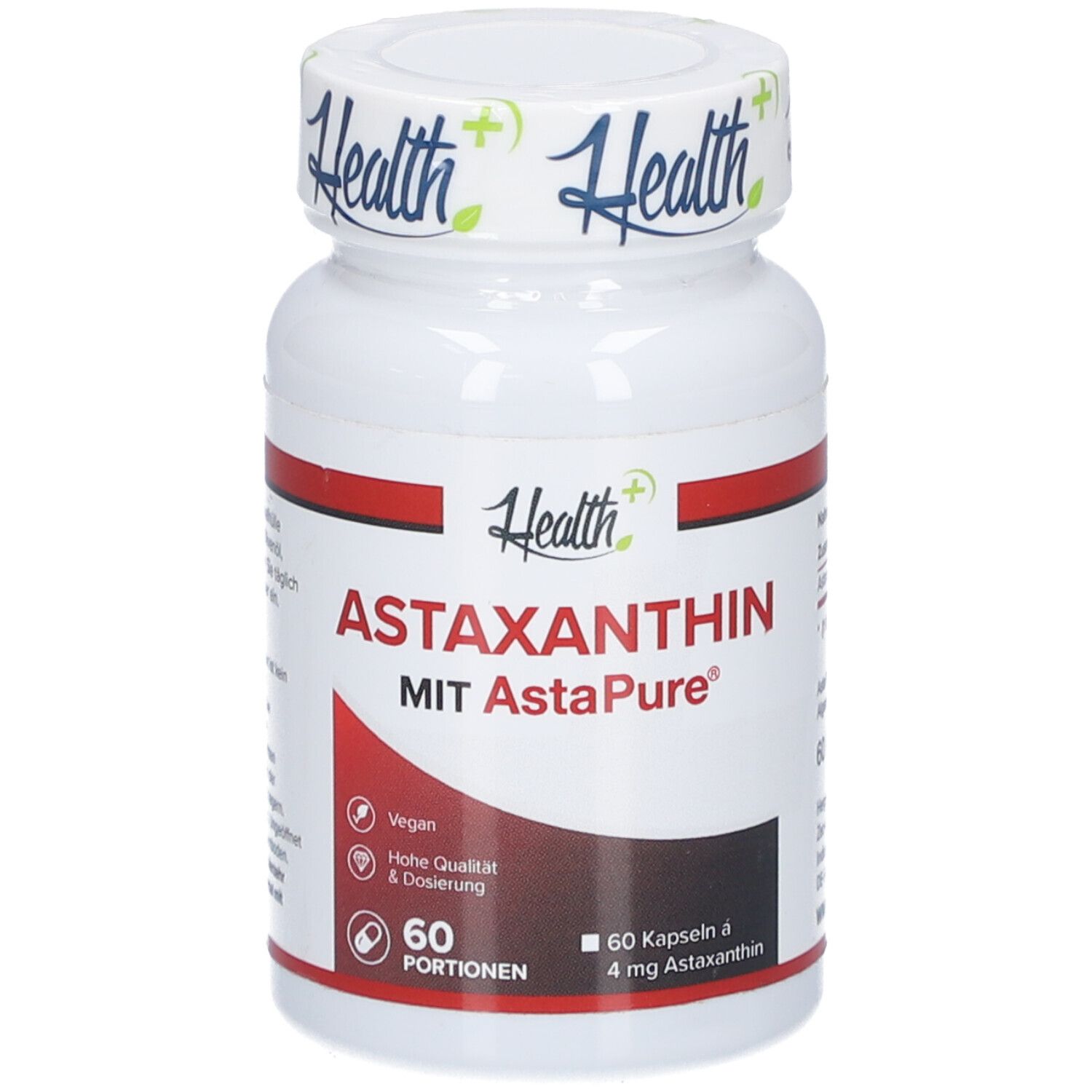 Flacon blanc avec bande rouge. Inscription: ASTAXANTHIN, 60 portions, 60 gélules à 4 mg d'astaxanthine. Marque: Health+.