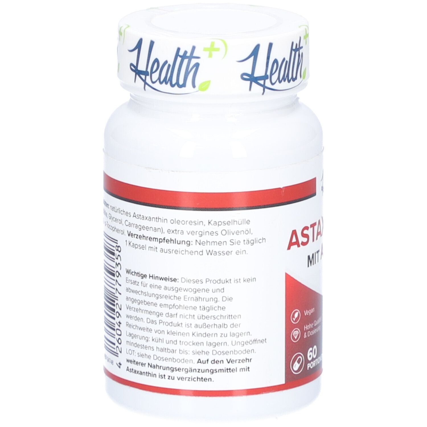 Dos de la bouteille blanche. Texte: Astaxanthine naturelle, Recommandation: 1 gélule par jour. Informations importantes. Marque: Health+.