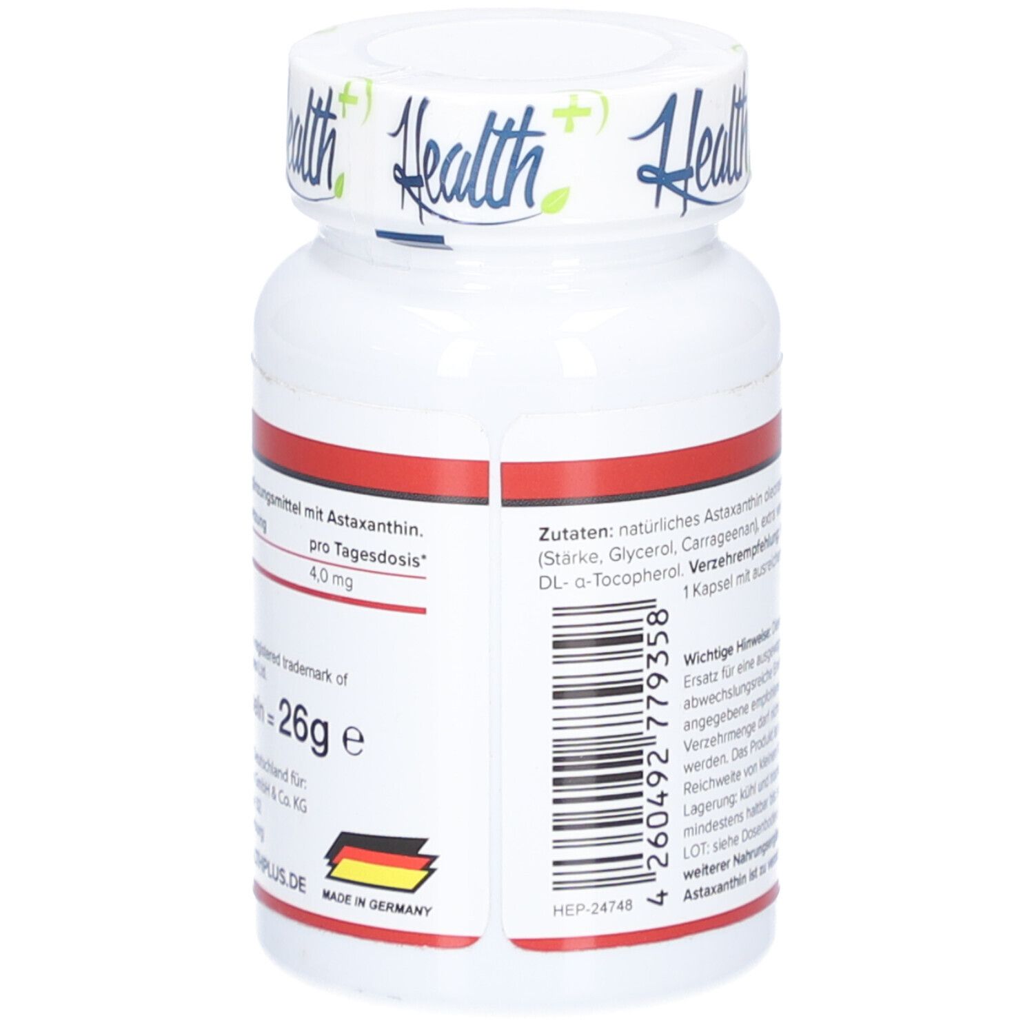 Dos de la bouteille blanche. Texte: 4,0 mg par dose quotidienne. Ingrédients. Fabriqué en Allemagne. Marque: Health+.