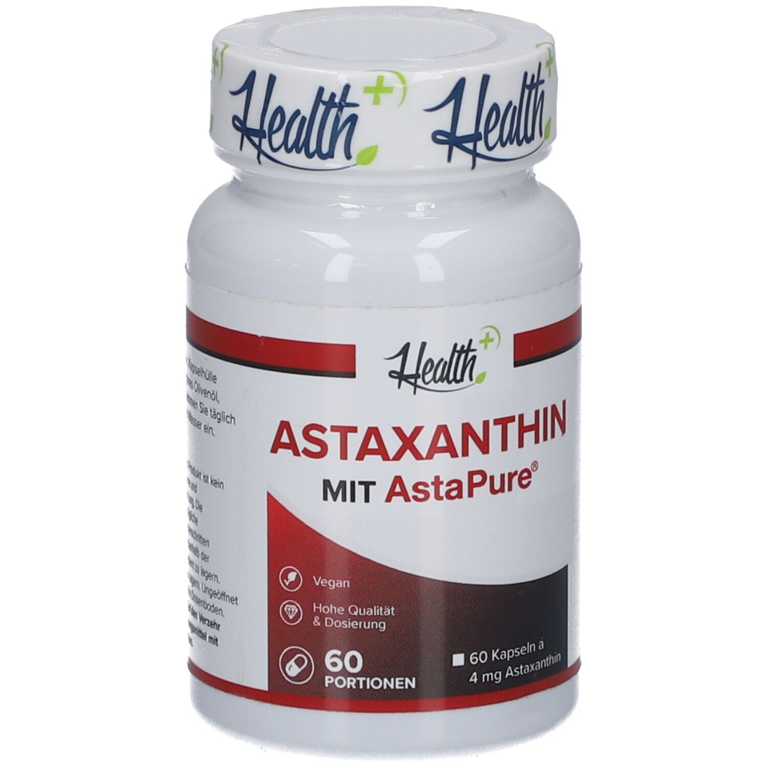 Flacon blanc avec bande rouge. Inscription: ASTAXANTHIN, 60 portions, 60 gélules à 4 mg d'astaxanthine. Marque: Health+.
